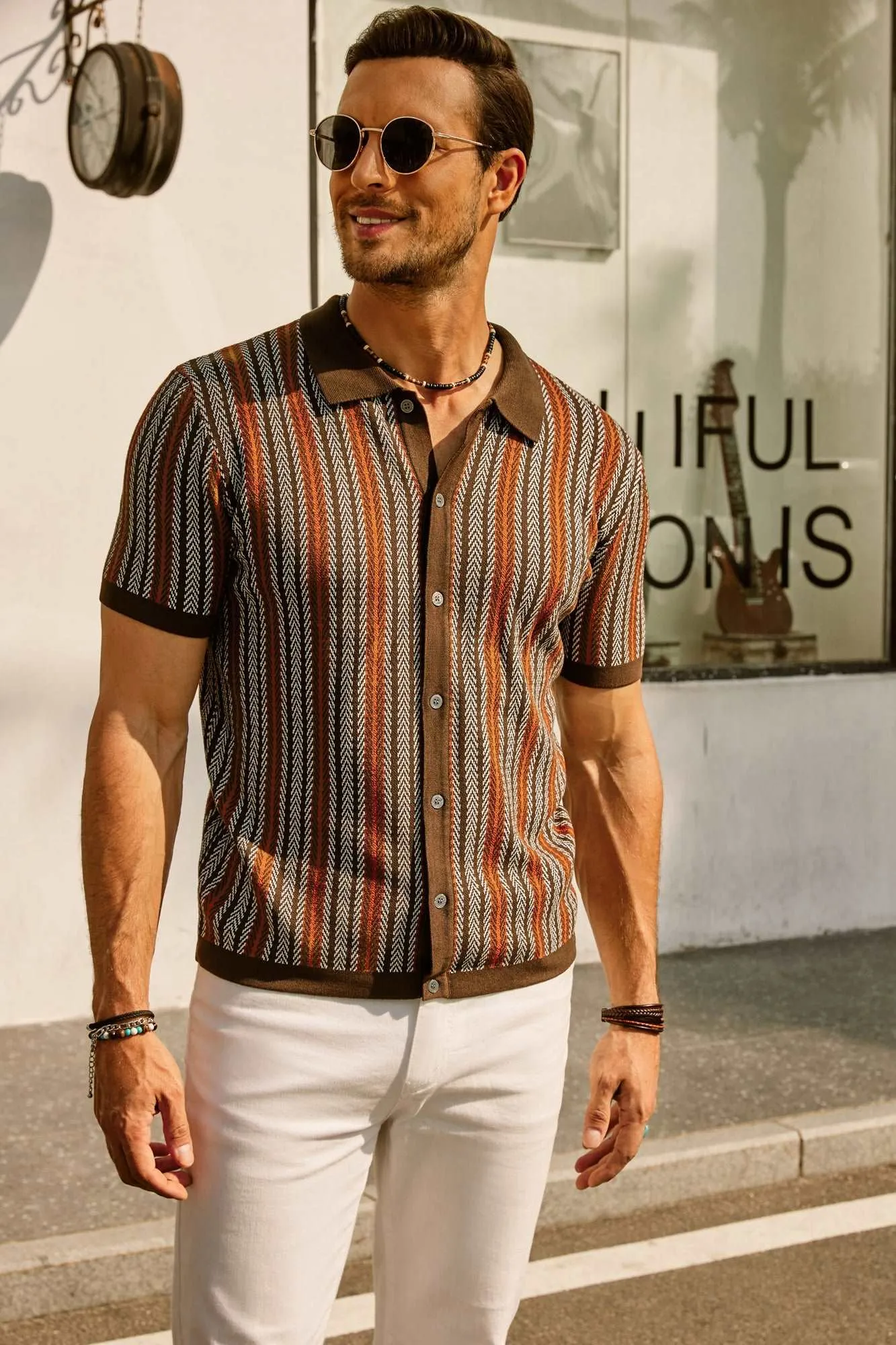 Santari | Mens 70s Style Knitted Polo Shirt Retro Summer Top with Open Collar for Holiday, Disco & Vintage Casual Looks