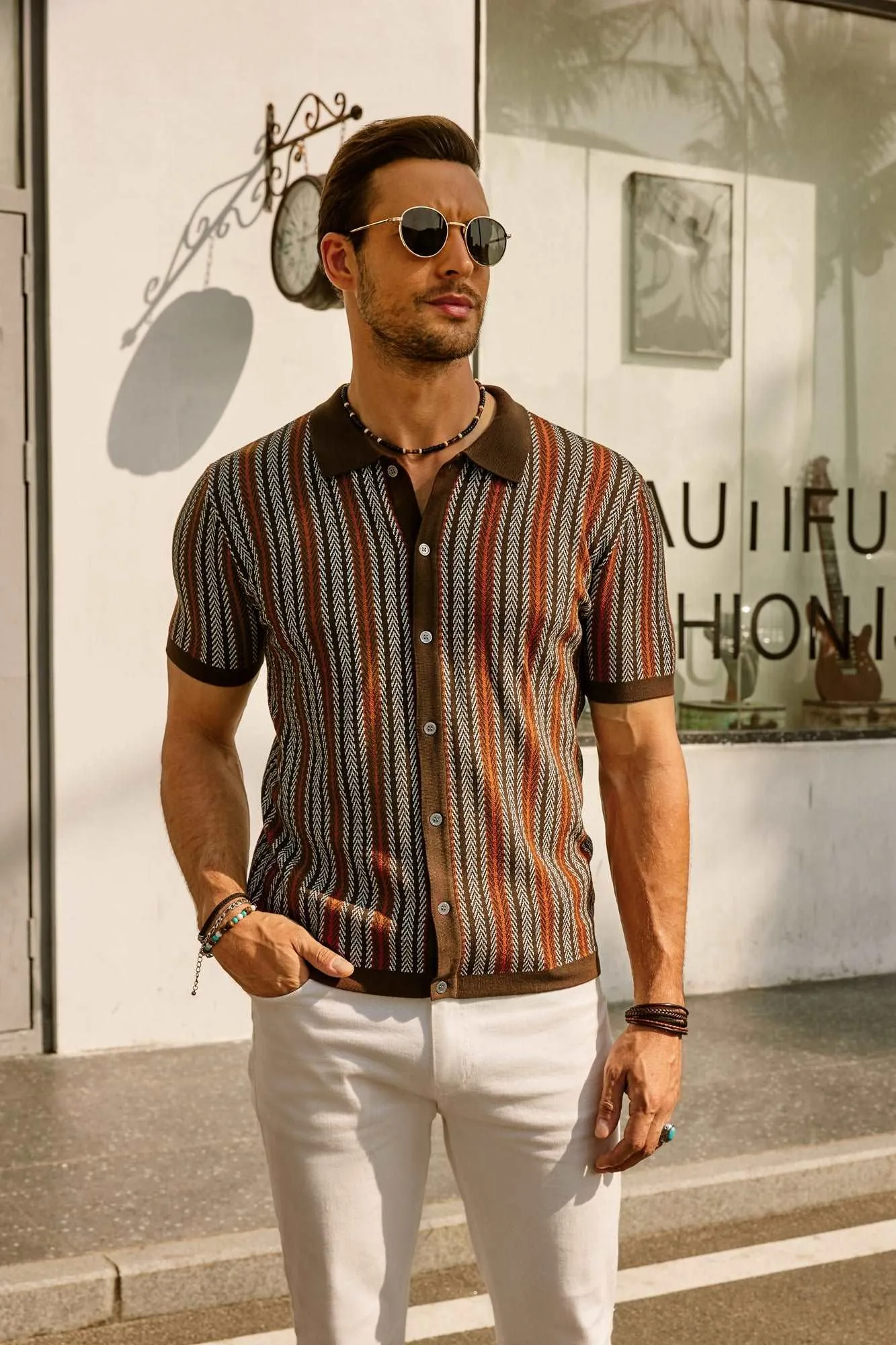 Santari | Mens 70s Style Knitted Polo Shirt Retro Summer Top with Open Collar for Holiday, Disco & Vintage Casual Looks