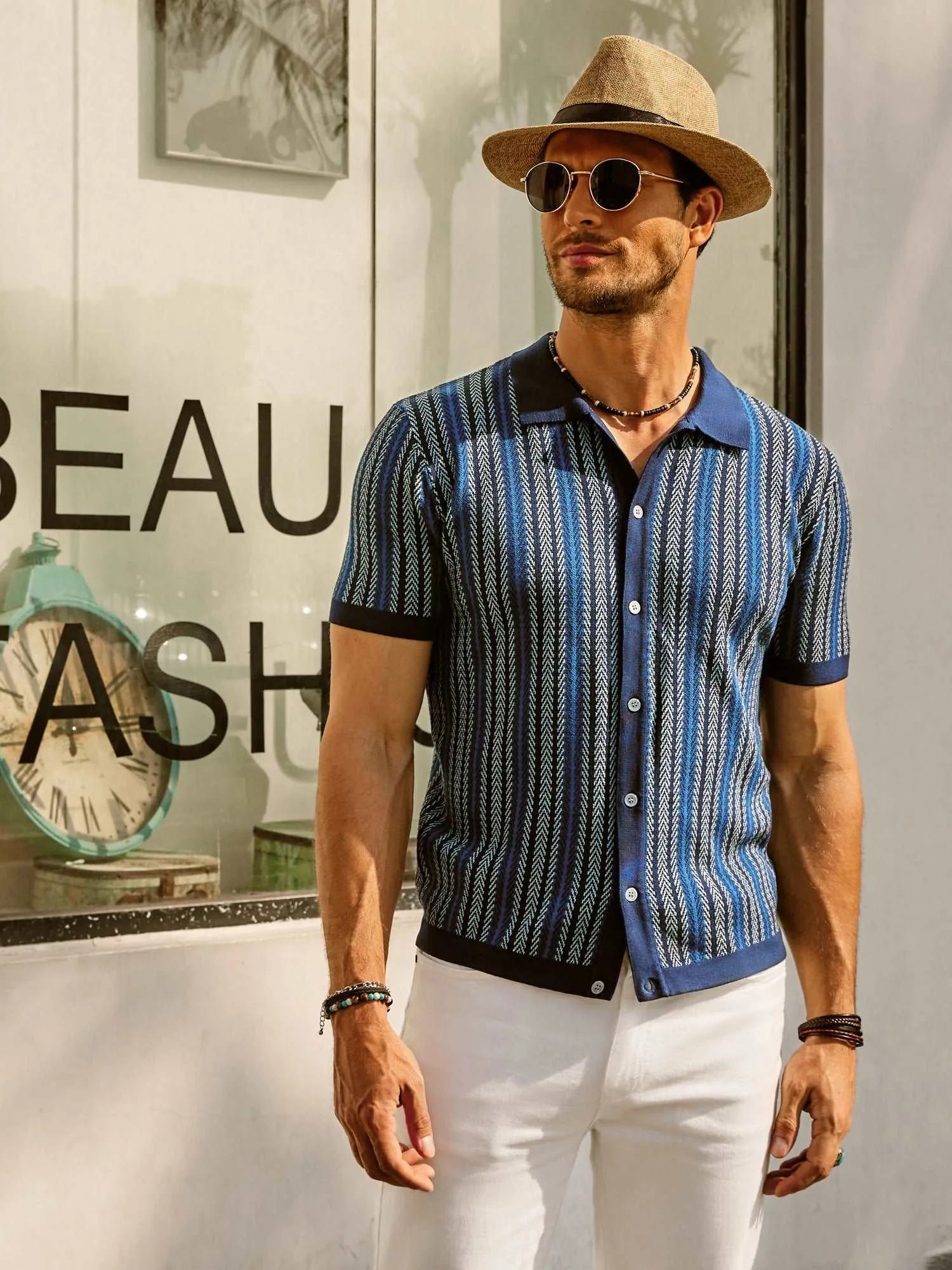 Santari | Mens 70s Style Knitted Polo Shirt Retro Summer Top with Open Collar for Holiday, Disco & Vintage Casual Looks