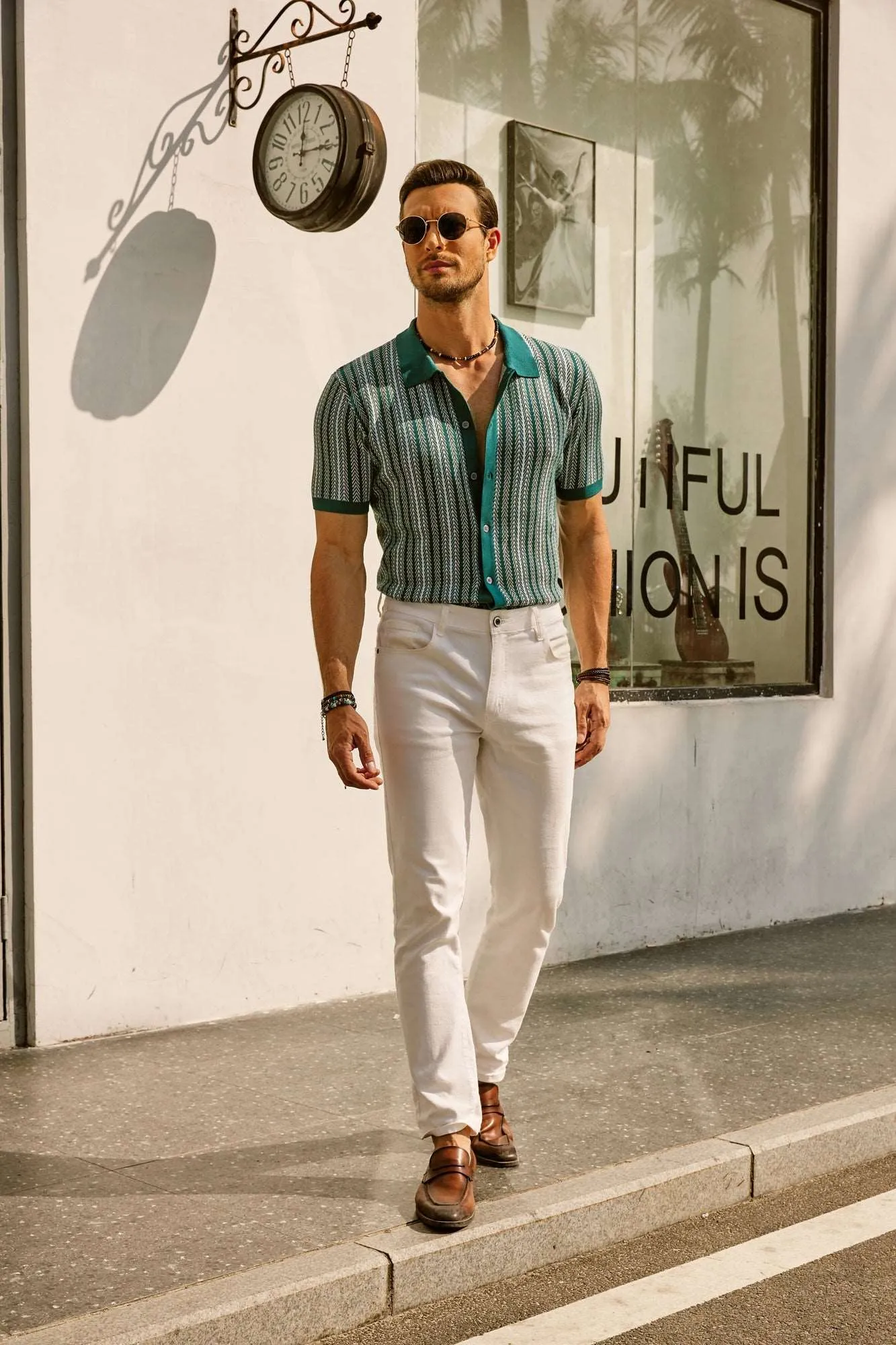Santari | Mens 70s Style Knitted Polo Shirt Retro Summer Top with Open Collar for Holiday, Disco & Vintage Casual Looks