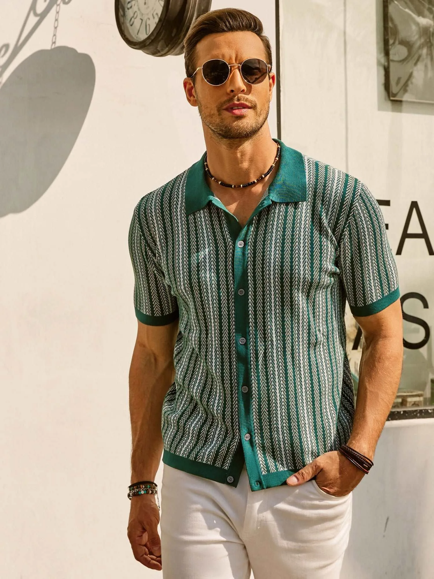 Santari | Mens 70s Style Knitted Polo Shirt Retro Summer Top with Open Collar for Holiday, Disco & Vintage Casual Looks