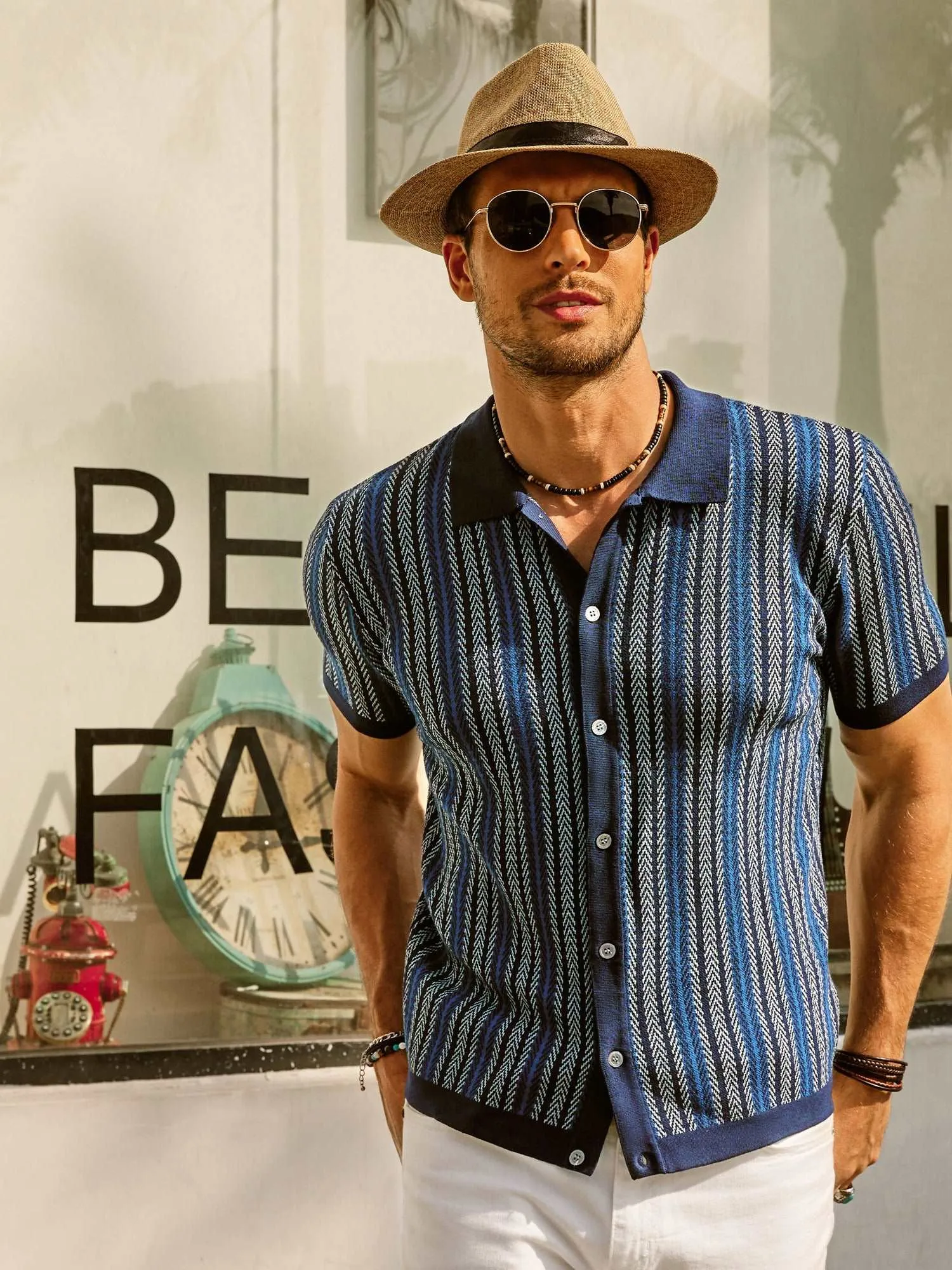 Santari | Mens 70s Style Knitted Polo Shirt Retro Summer Top with Open Collar for Holiday, Disco & Vintage Casual Looks