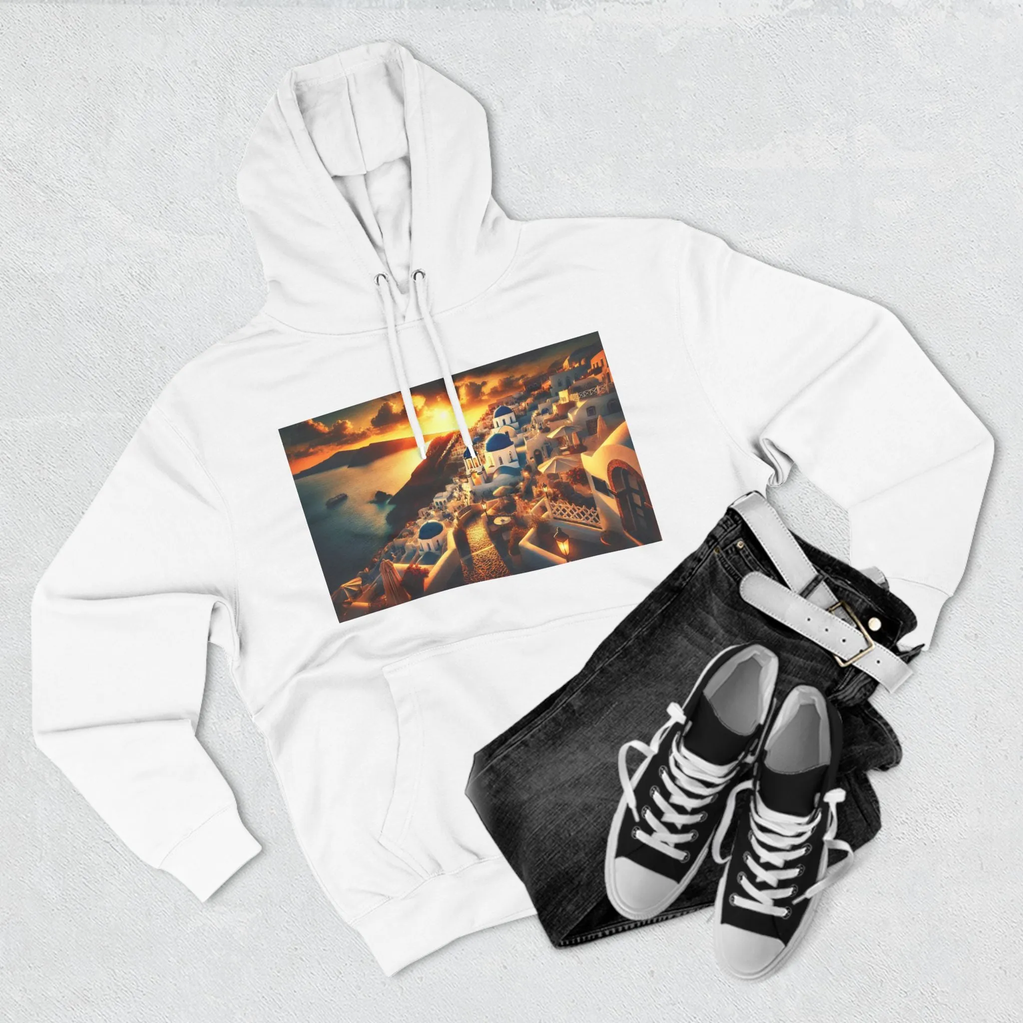 Santorini Sunset Fleece Hoodie - Cozy Travel Apparel
