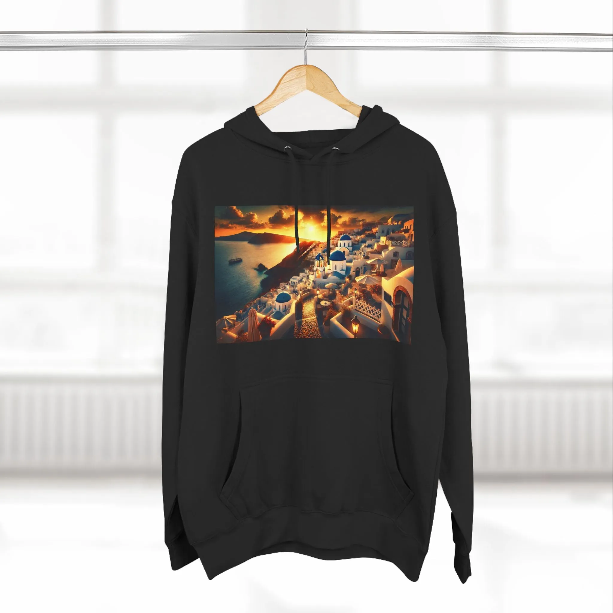 Santorini Sunset Fleece Hoodie - Cozy Travel Apparel