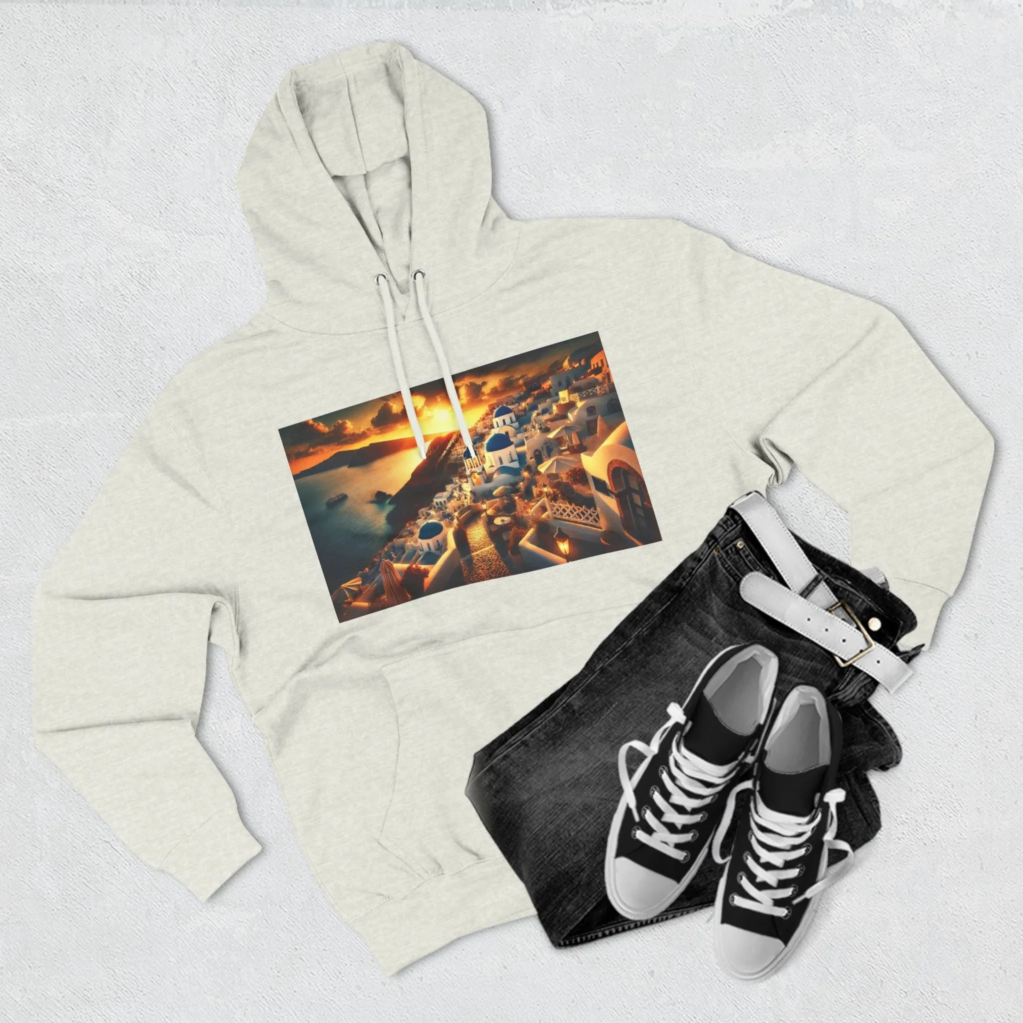 Santorini Sunset Fleece Hoodie - Cozy Travel Apparel