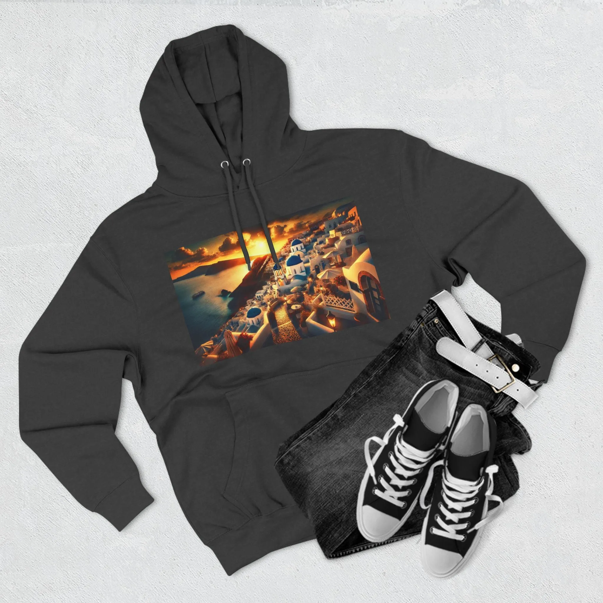 Santorini Sunset Fleece Hoodie - Cozy Travel Apparel