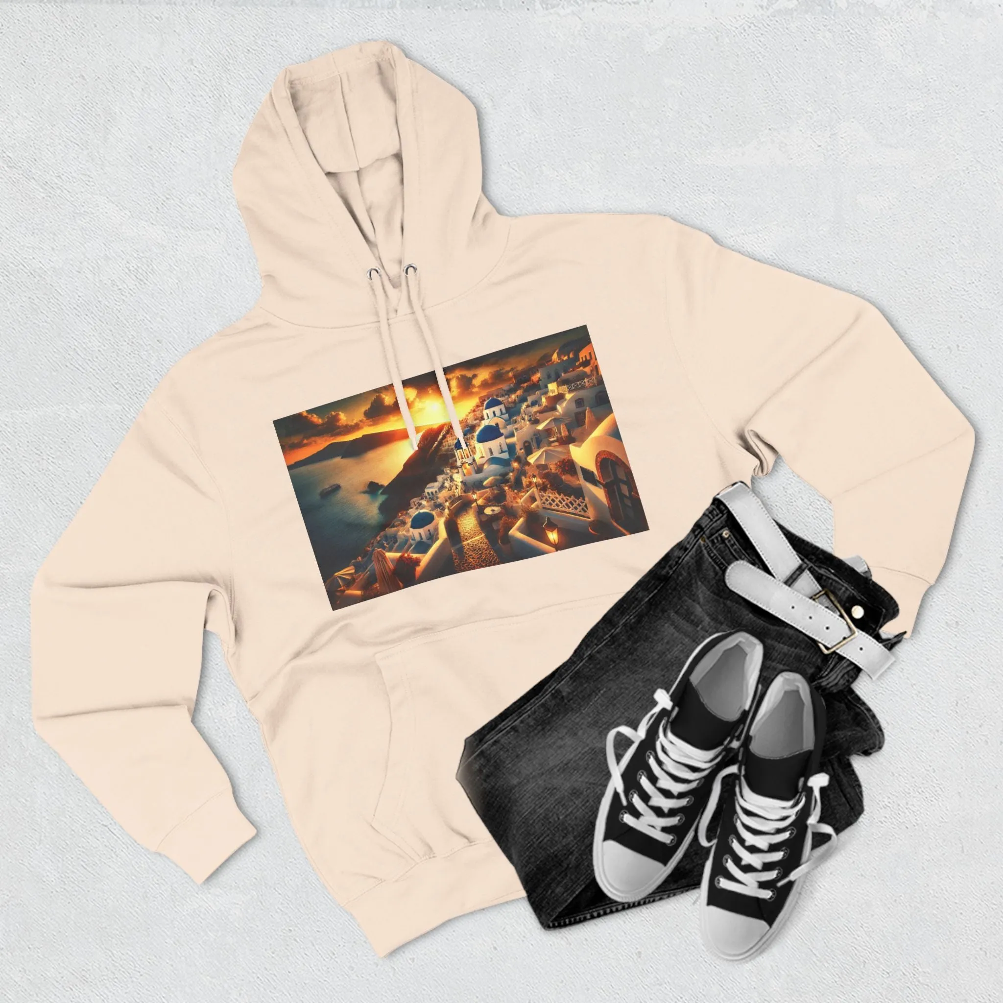 Santorini Sunset Fleece Hoodie - Cozy Travel Apparel
