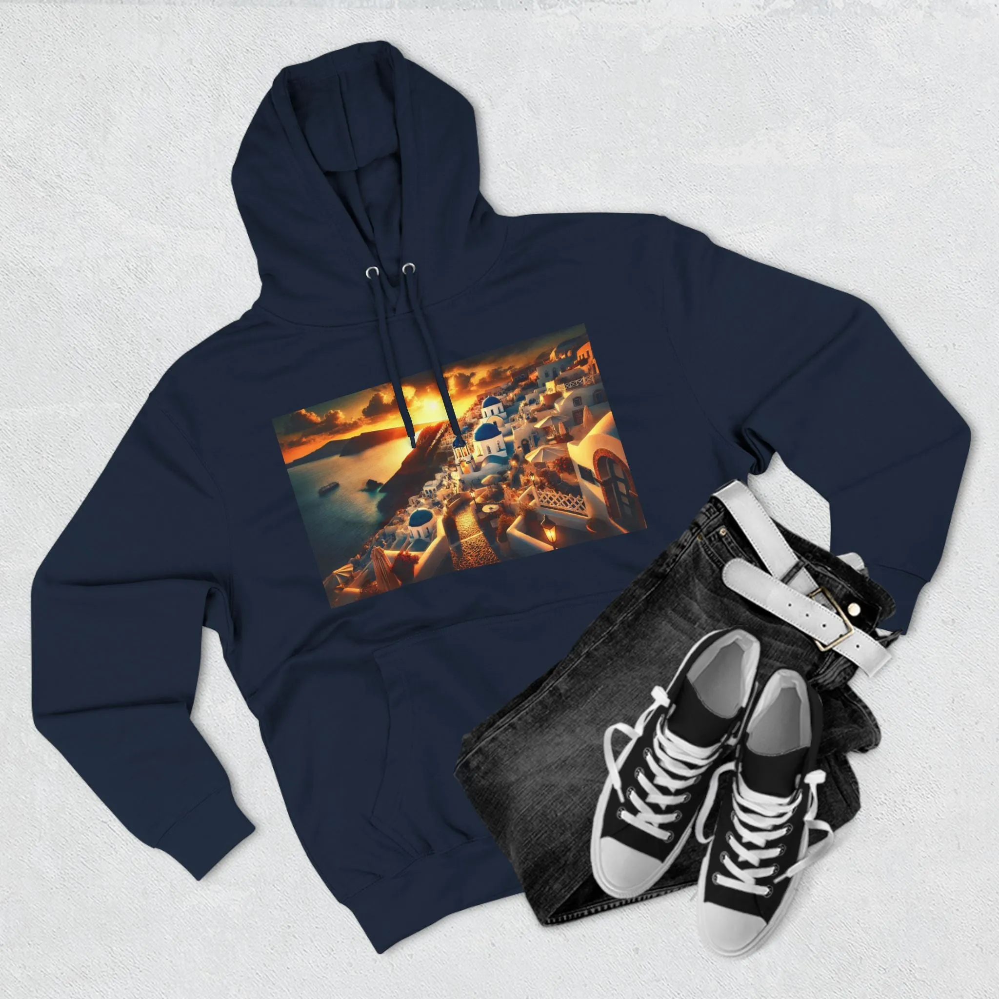 Santorini Sunset Fleece Hoodie - Cozy Travel Apparel