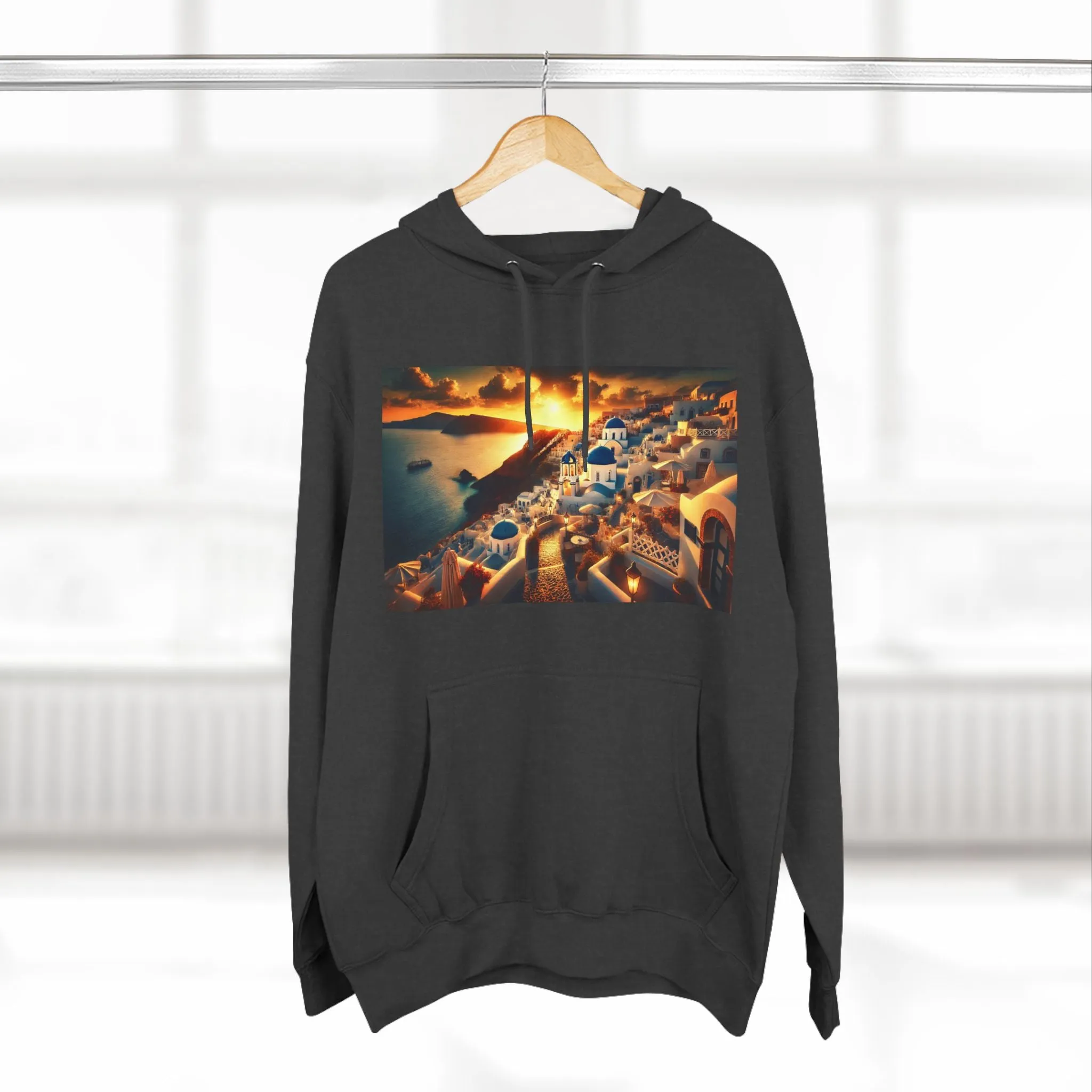 Santorini Sunset Fleece Hoodie - Cozy Travel Apparel