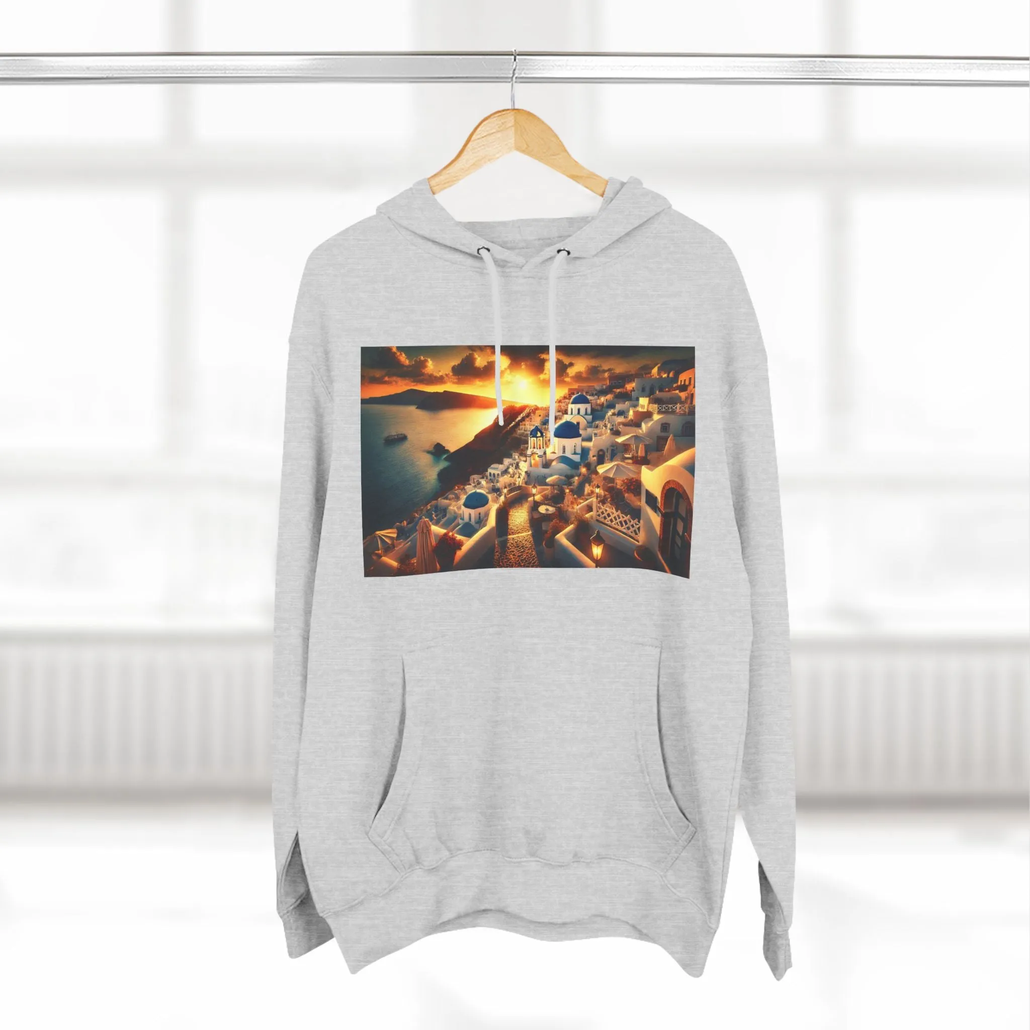 Santorini Sunset Fleece Hoodie - Cozy Travel Apparel