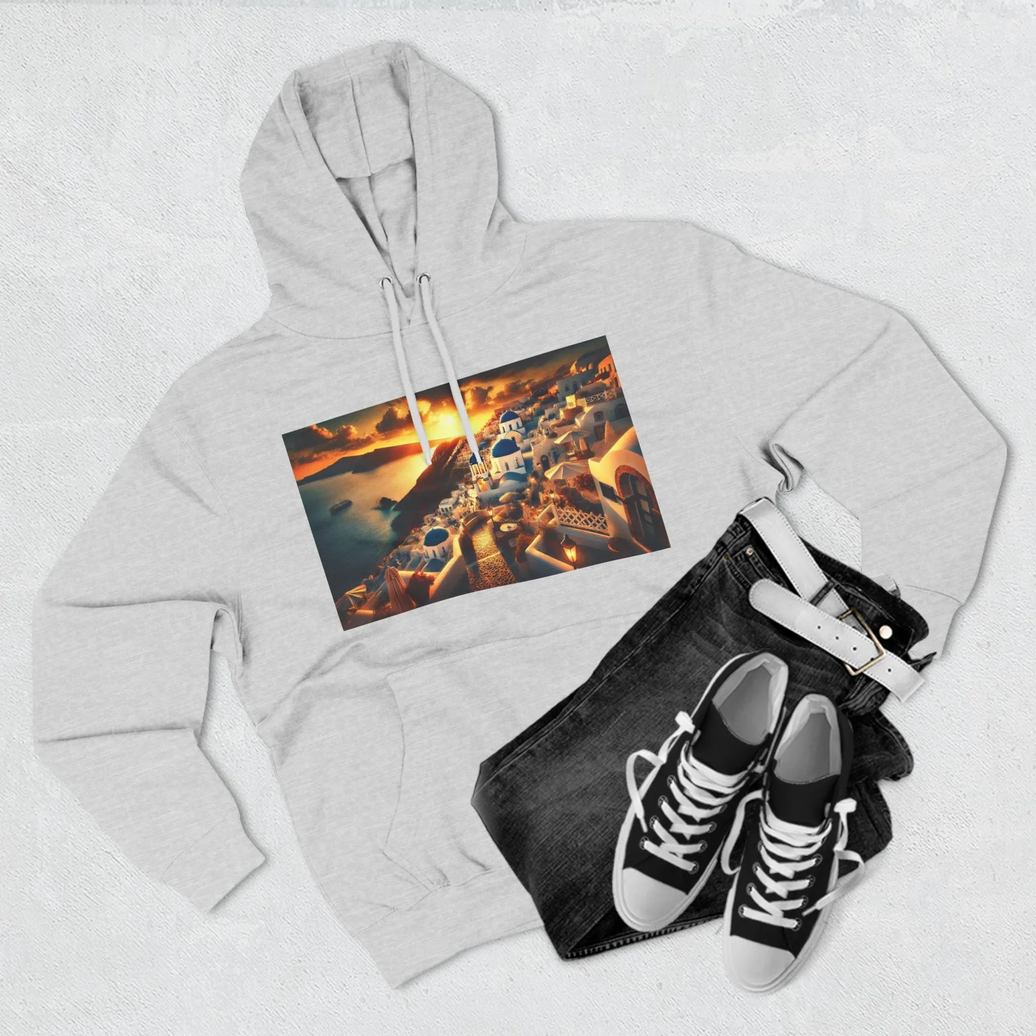 Santorini Sunset Fleece Hoodie - Cozy Travel Apparel