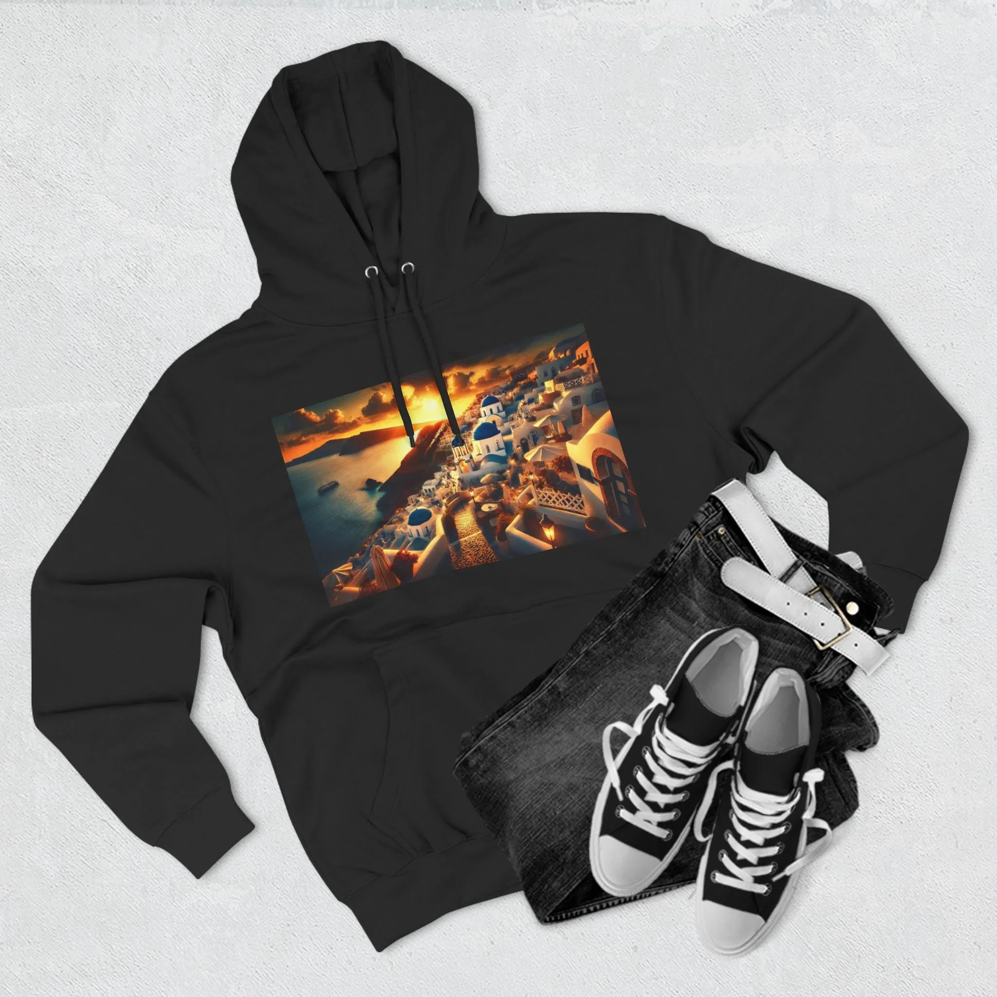 Santorini Sunset Fleece Hoodie - Cozy Travel Apparel