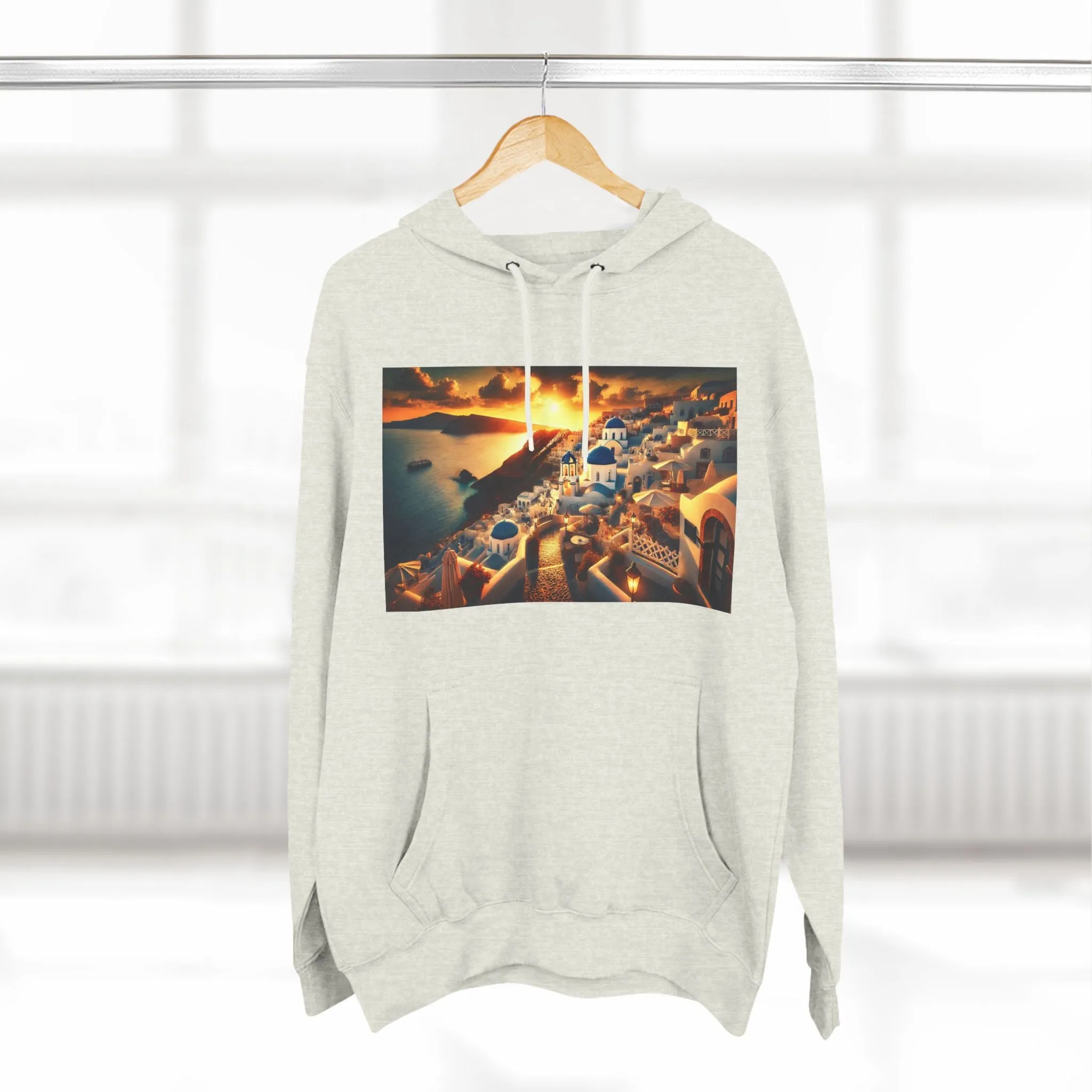 Santorini Sunset Fleece Hoodie - Cozy Travel Apparel