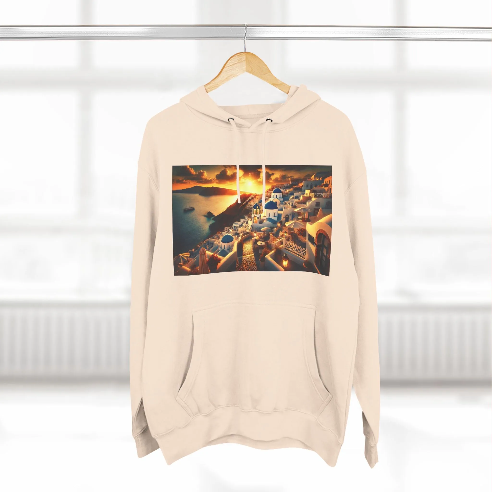 Santorini Sunset Fleece Hoodie - Cozy Travel Apparel