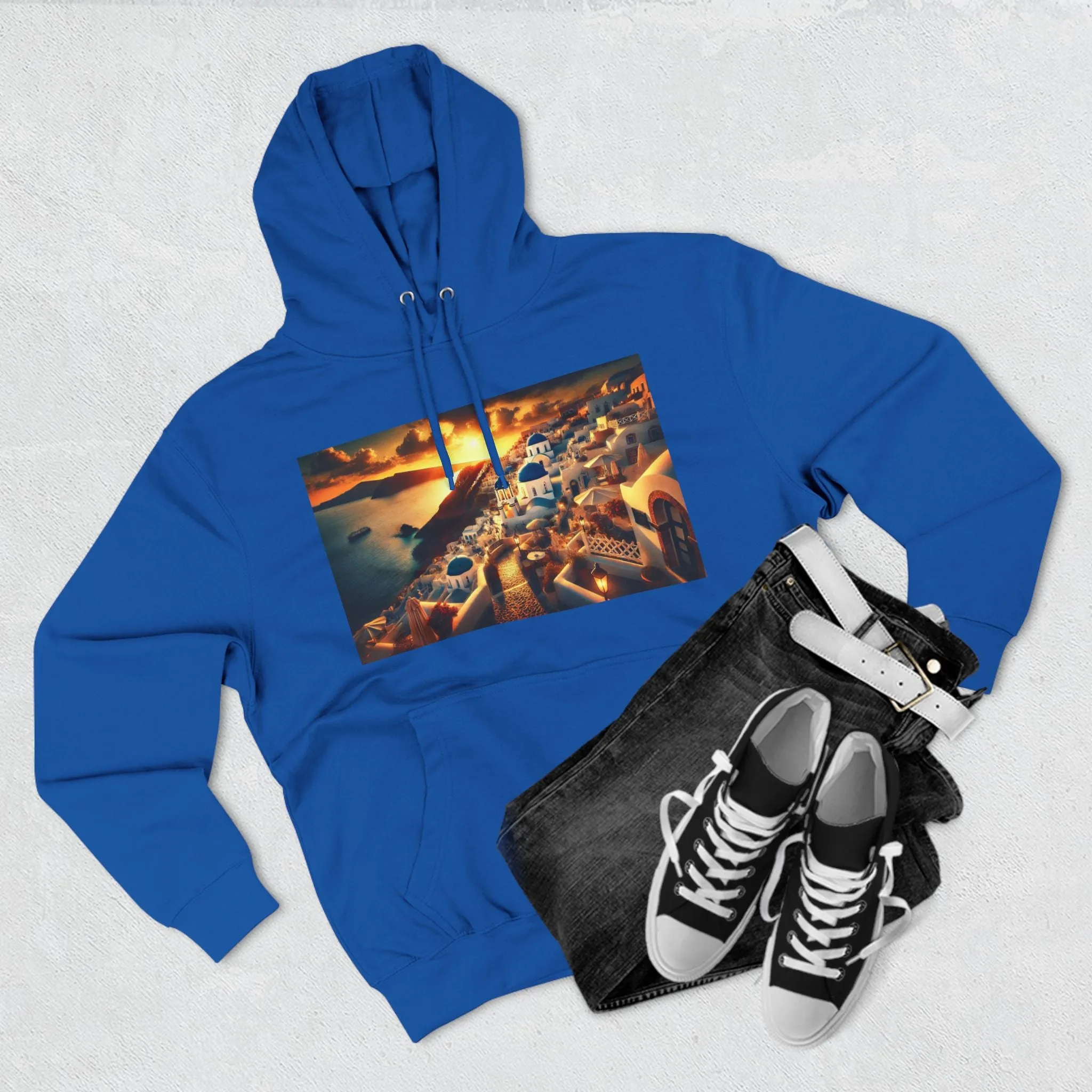 Santorini Sunset Fleece Hoodie - Cozy Travel Apparel