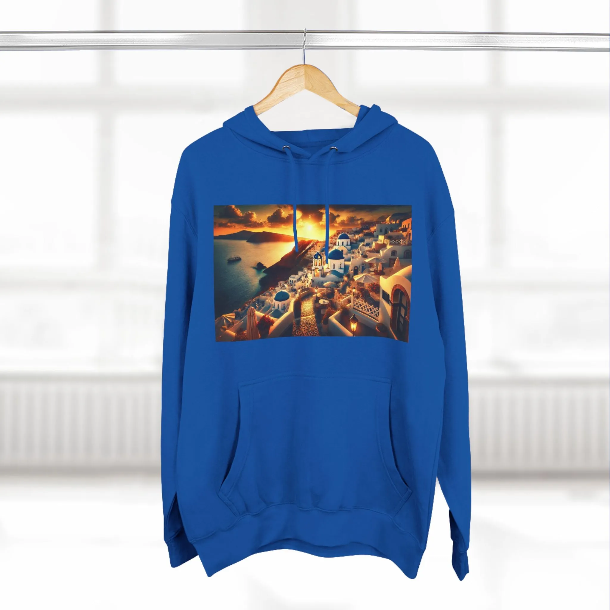 Santorini Sunset Fleece Hoodie - Cozy Travel Apparel