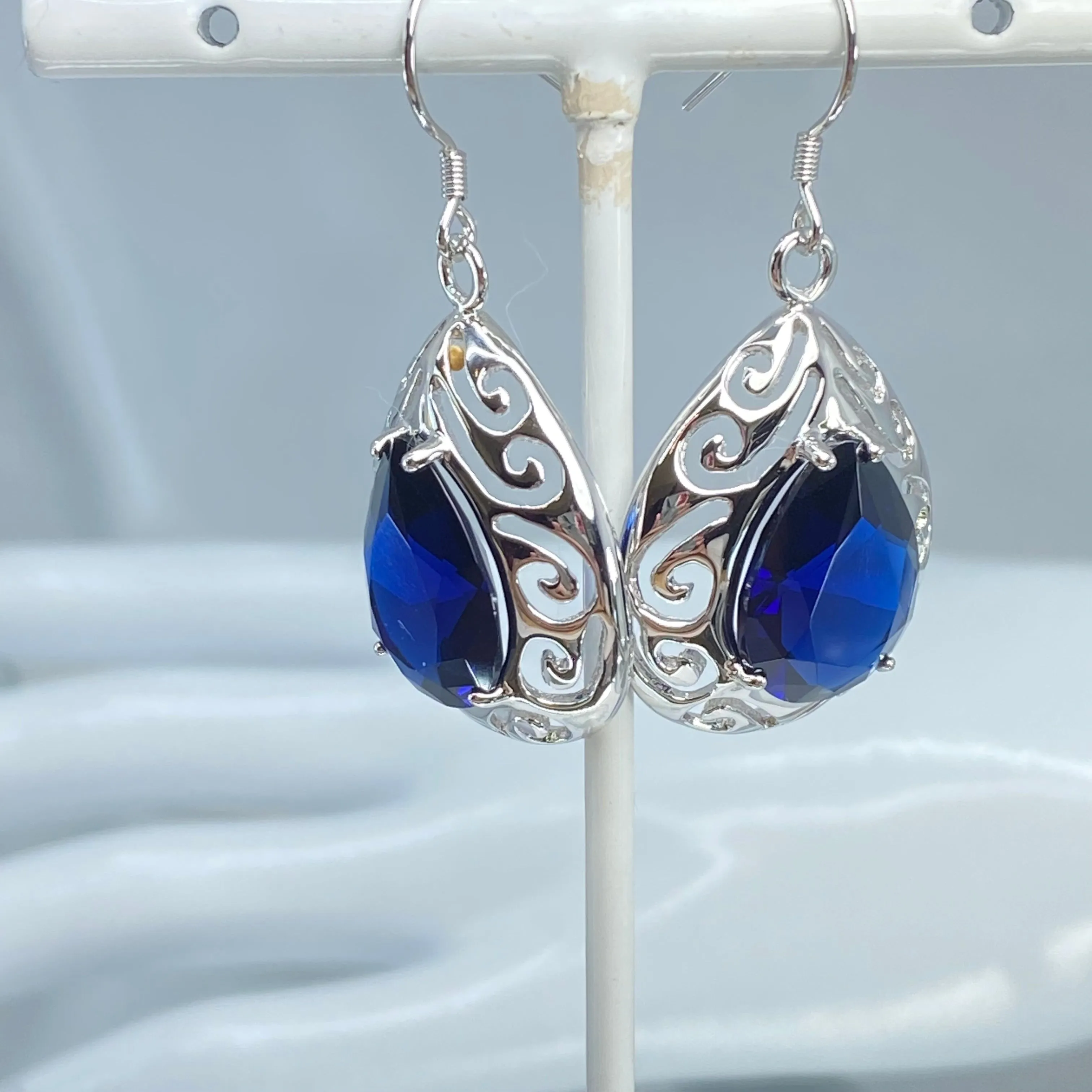 Sapphire Earrings, Simulated Teardrop Gems, Art Deco Jewlery, Optional Necklace E28