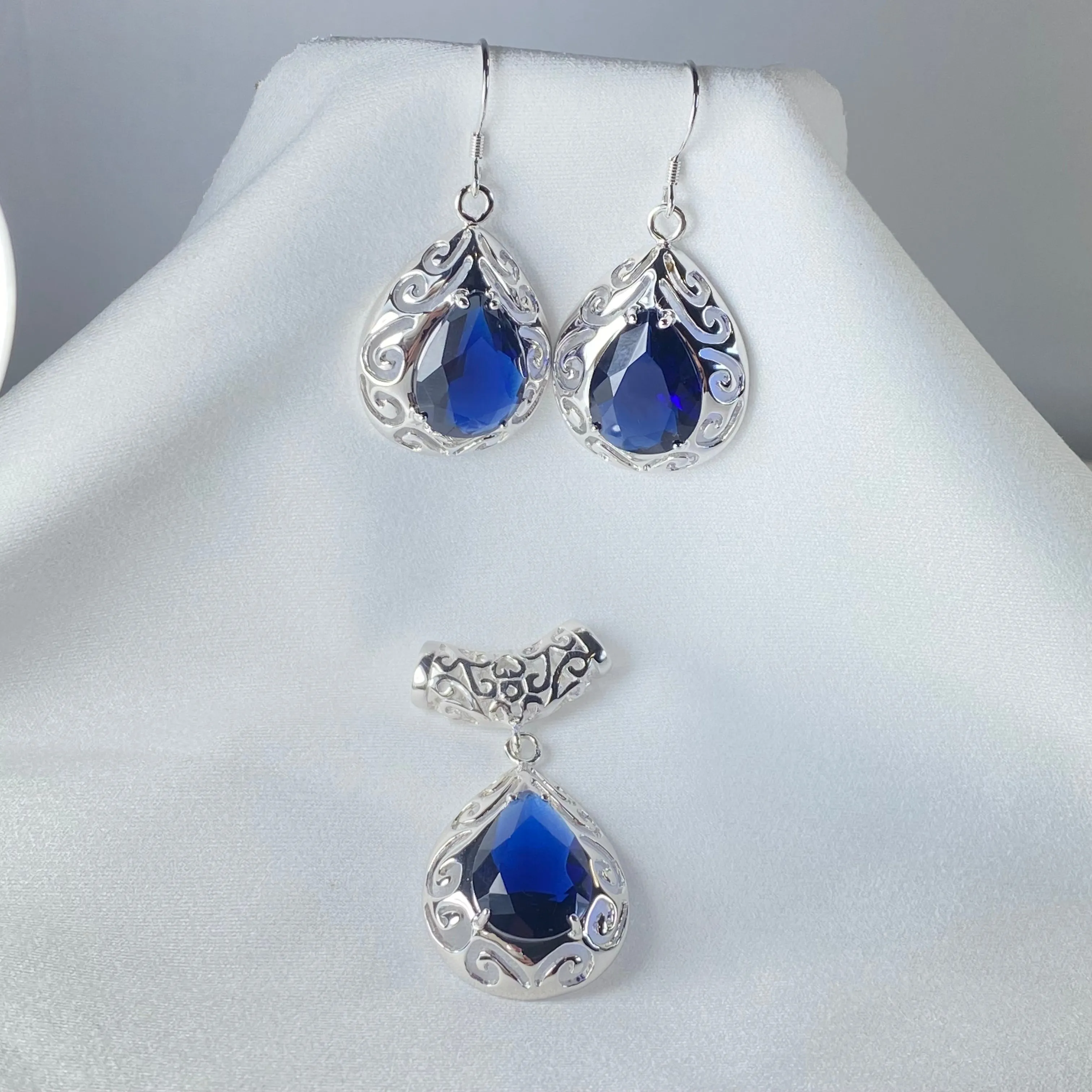 Sapphire Earrings, Simulated Teardrop Gems, Art Deco Jewlery, Optional Necklace E28