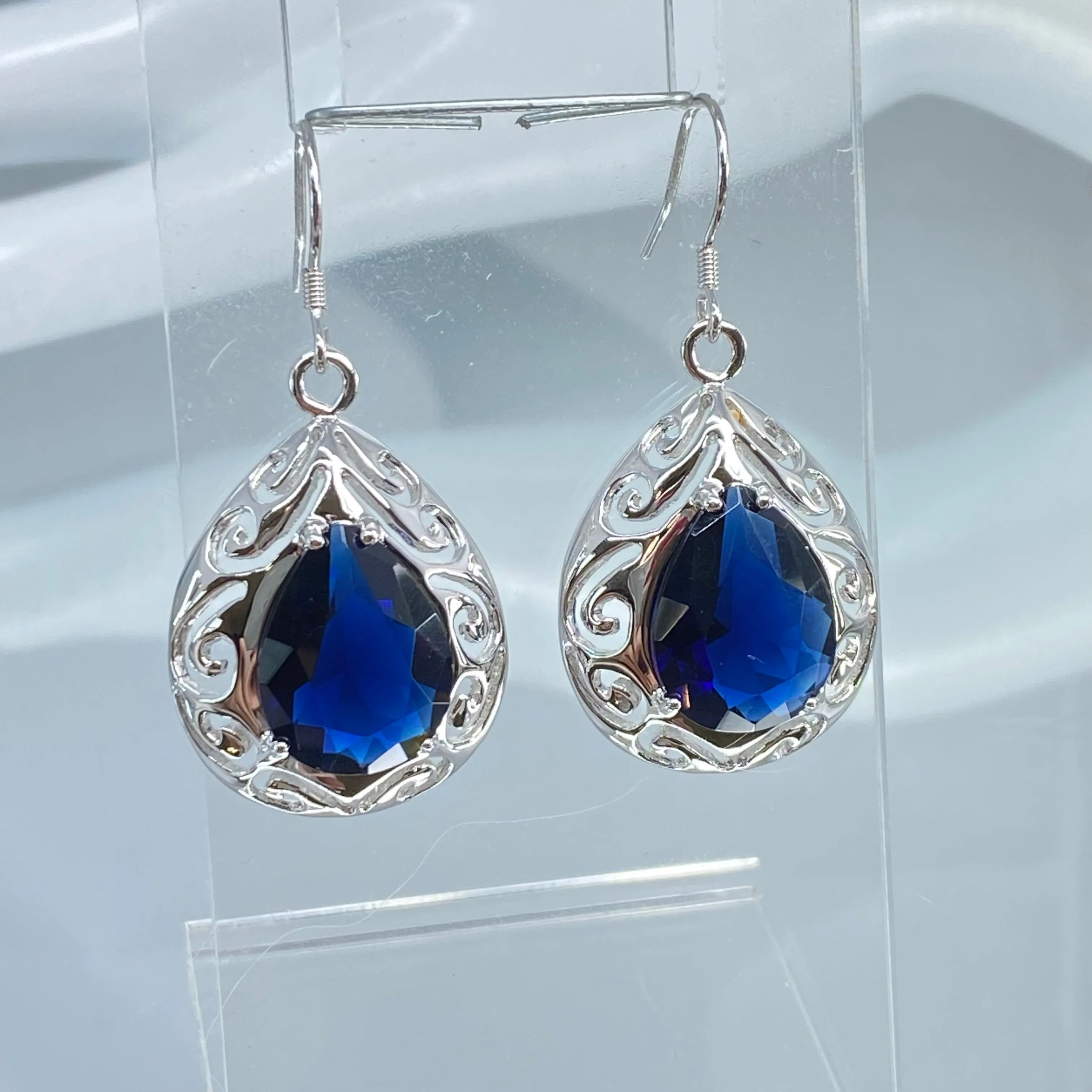 Sapphire Earrings, Simulated Teardrop Gems, Art Deco Jewlery, Optional Necklace E28
