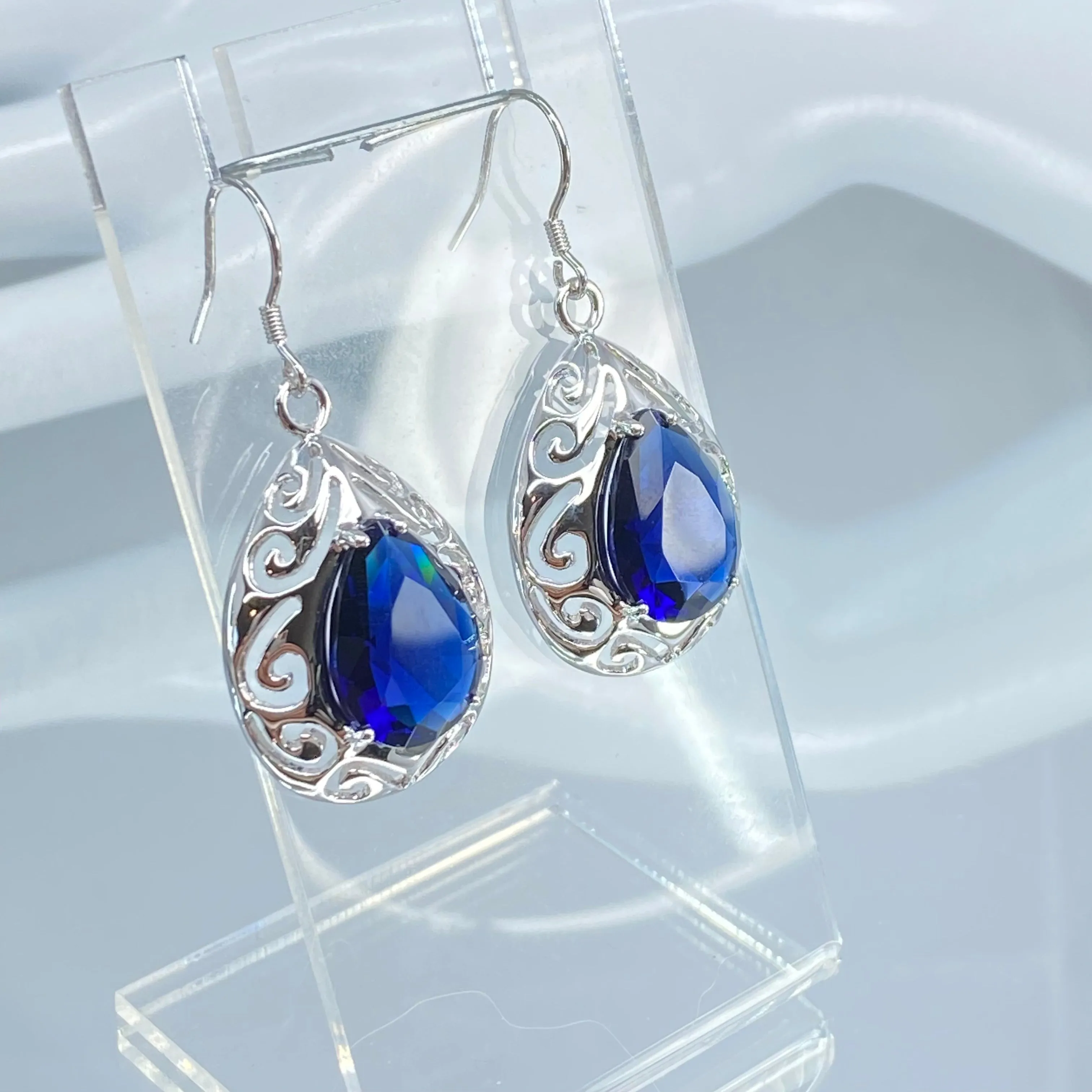 Sapphire Earrings, Simulated Teardrop Gems, Art Deco Jewlery, Optional Necklace E28