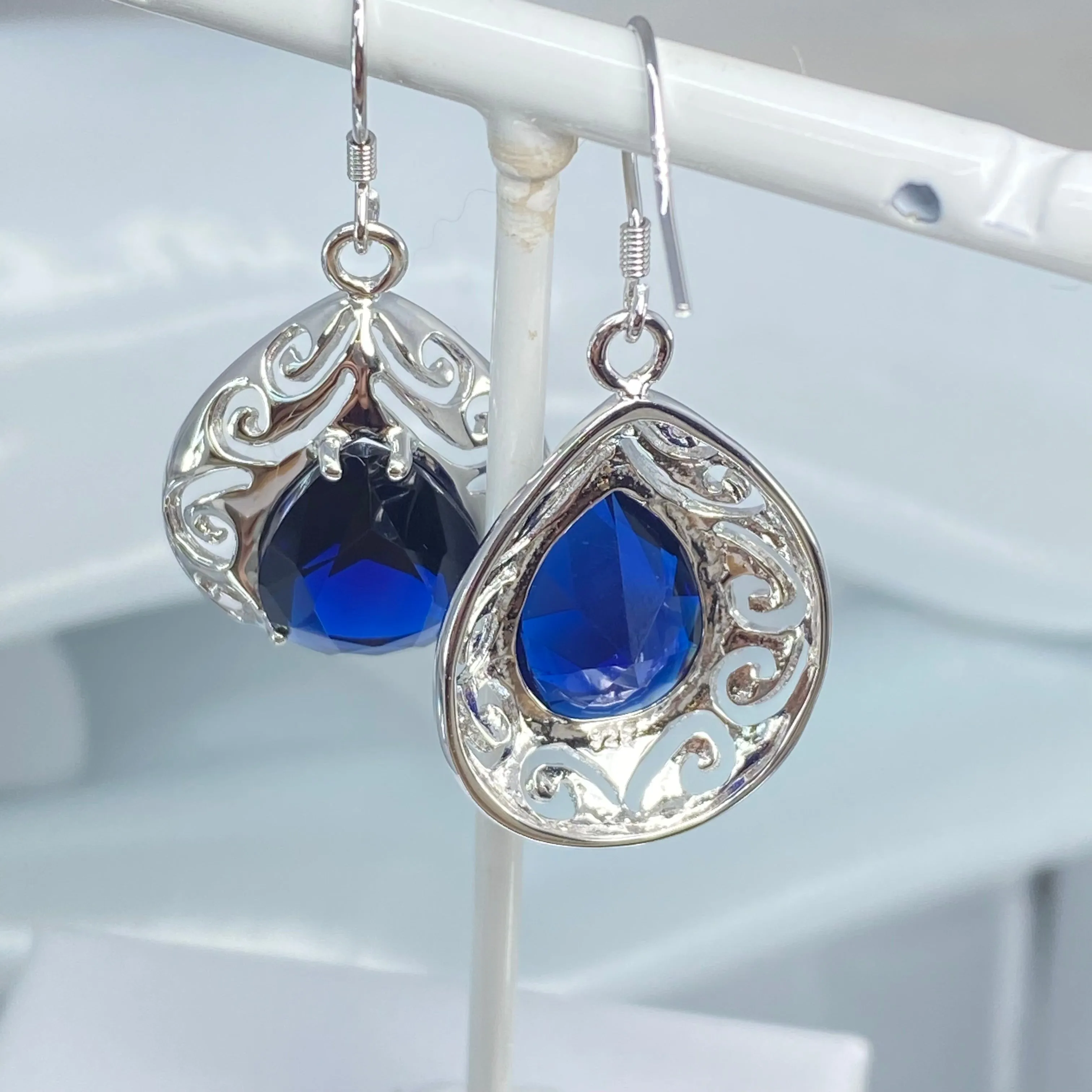 Sapphire Earrings, Simulated Teardrop Gems, Art Deco Jewlery, Optional Necklace E28