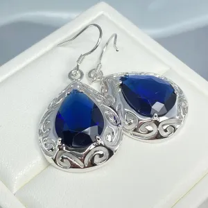 Sapphire Earrings, Simulated Teardrop Gems, Art Deco Jewlery, Optional Necklace E28