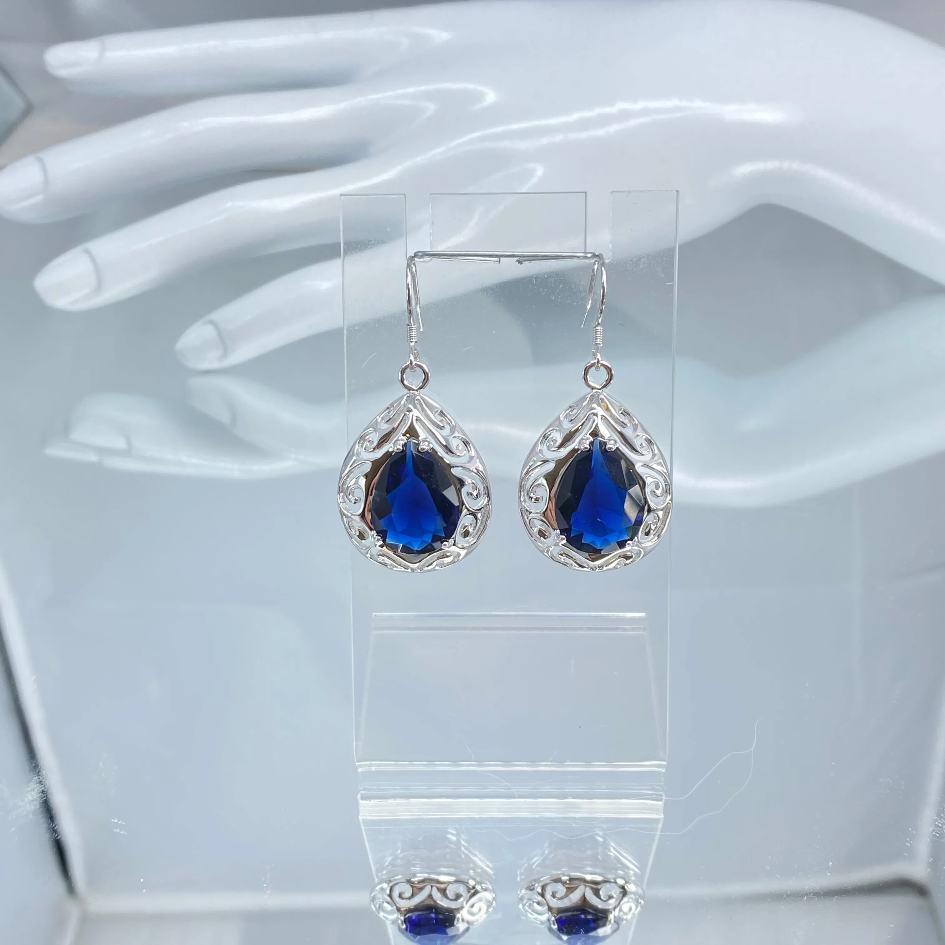 Sapphire Earrings, Simulated Teardrop Gems, Art Deco Jewlery, Optional Necklace E28