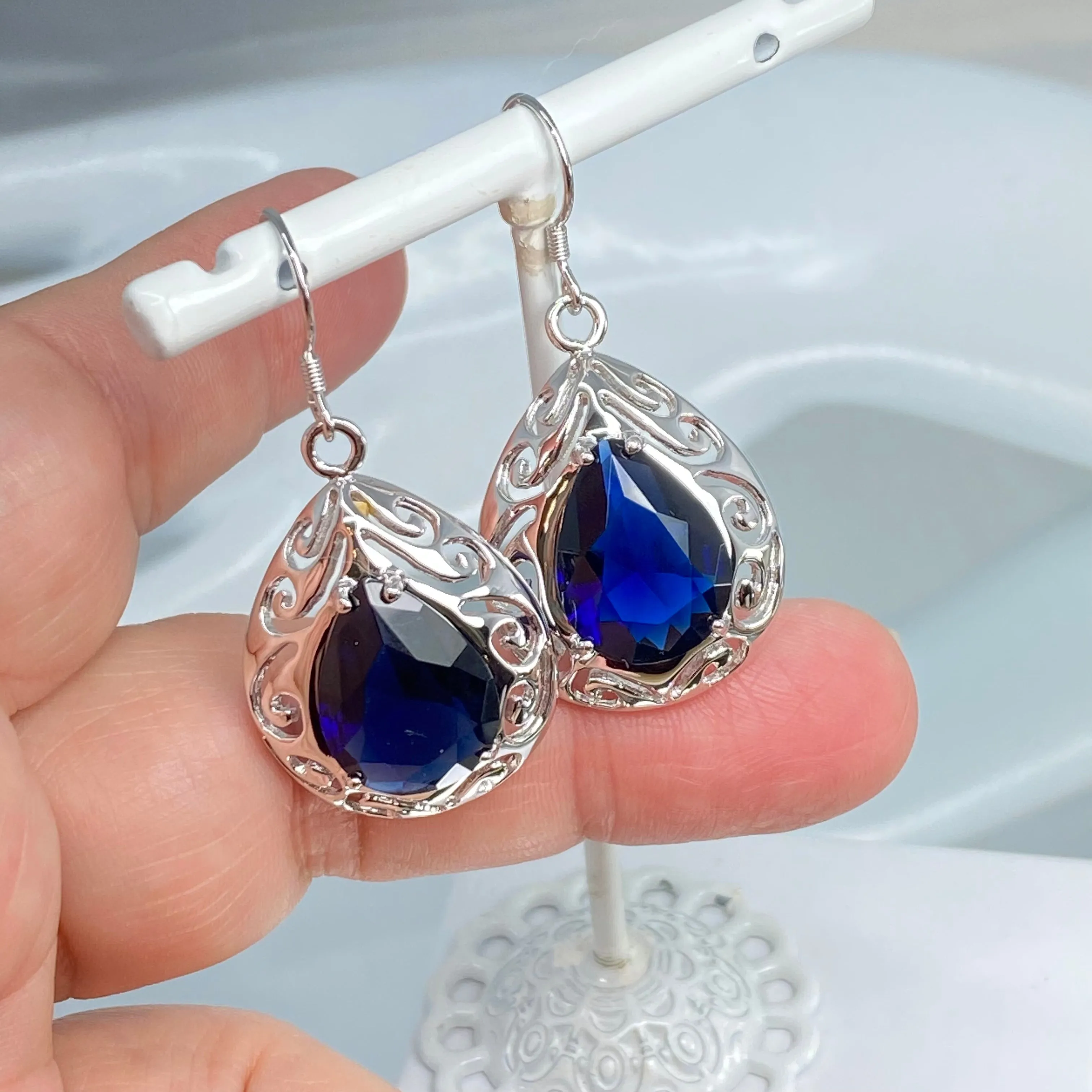 Sapphire Earrings, Simulated Teardrop Gems, Art Deco Jewlery, Optional Necklace E28