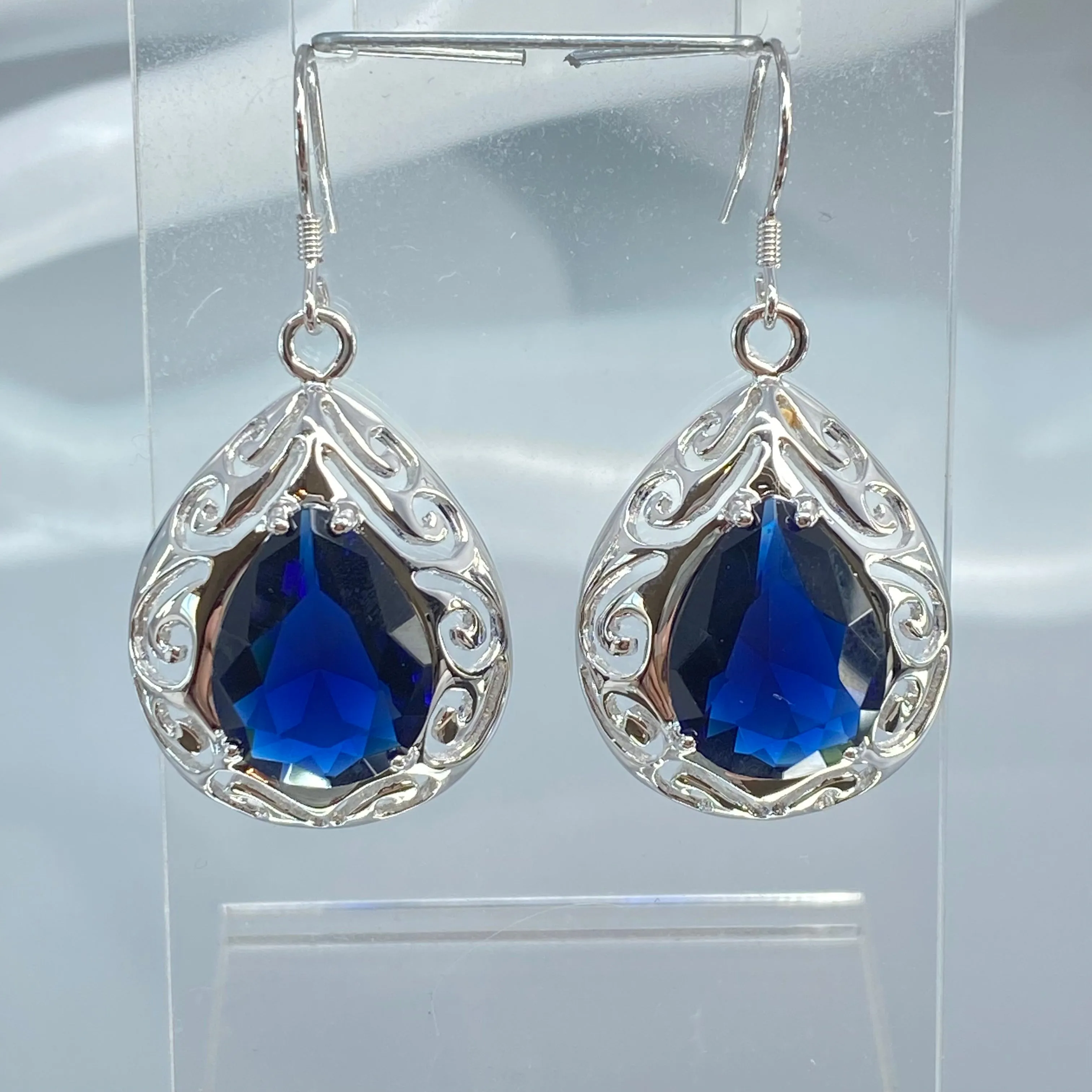Sapphire Earrings, Simulated Teardrop Gems, Art Deco Jewlery, Optional Necklace E28