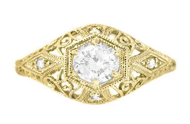 Scroll Dome Filigree Edwardian Diamond Engagement Ring in 14 Karat Yellow Gold