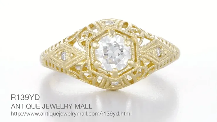 Scroll Dome Filigree Edwardian Diamond Engagement Ring in 14 Karat Yellow Gold