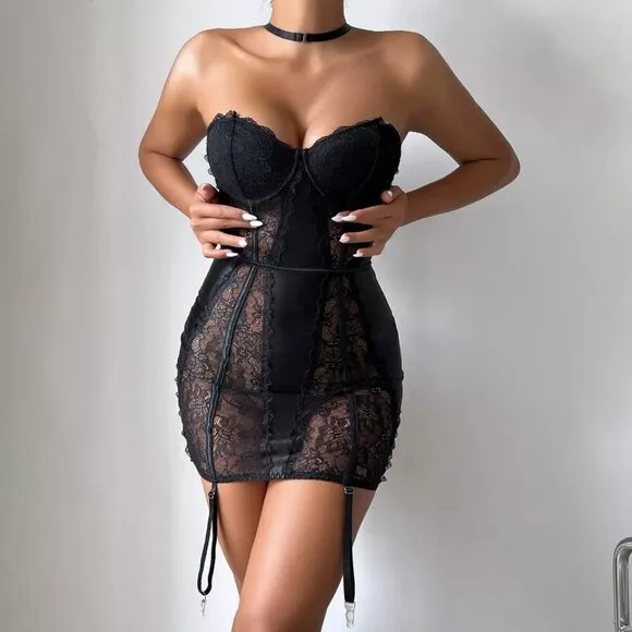 Sexy Backless Lingerie Floral Lace Sleepwear Nightdress See-Thru Babydoll Set