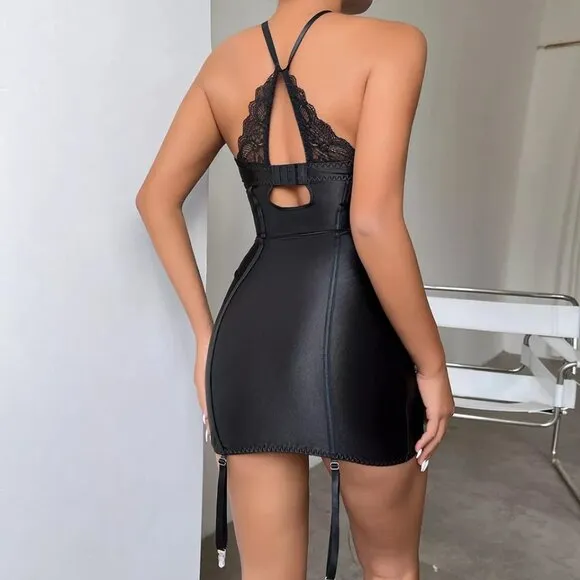 Sexy Backless Lingerie Floral Lace Sleepwear Nightdress See-Thru Babydoll Set