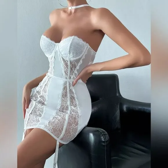 Sexy Backless Lingerie Floral Lace Sleepwear Nightdress See-Thru Babydoll Set
