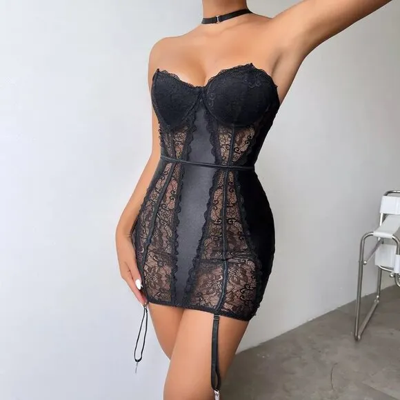 Sexy Backless Lingerie Floral Lace Sleepwear Nightdress See-Thru Babydoll Set