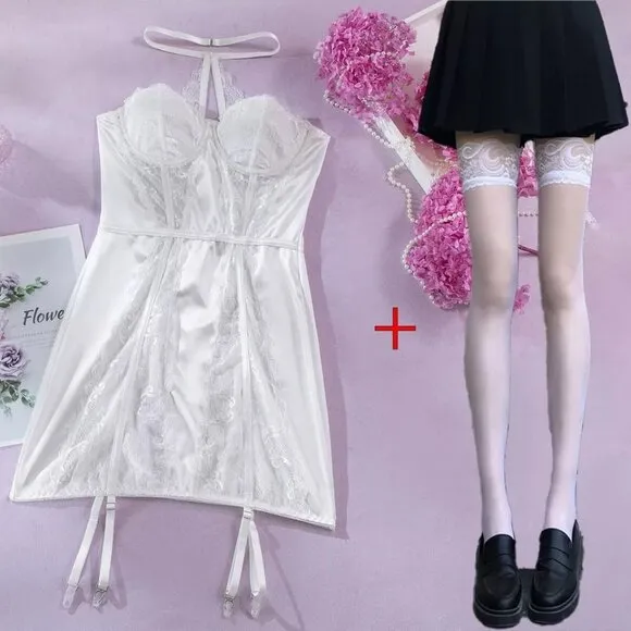 Sexy Backless Lingerie Floral Lace Sleepwear Nightdress See-Thru Babydoll Set