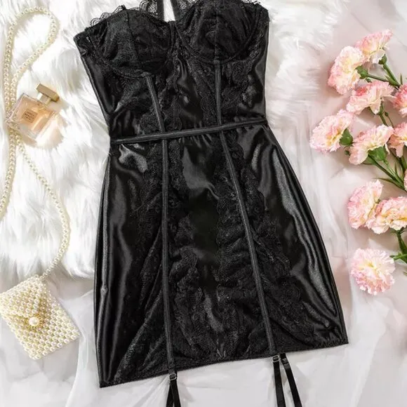 Sexy Backless Lingerie Floral Lace Sleepwear Nightdress See-Thru Babydoll Set