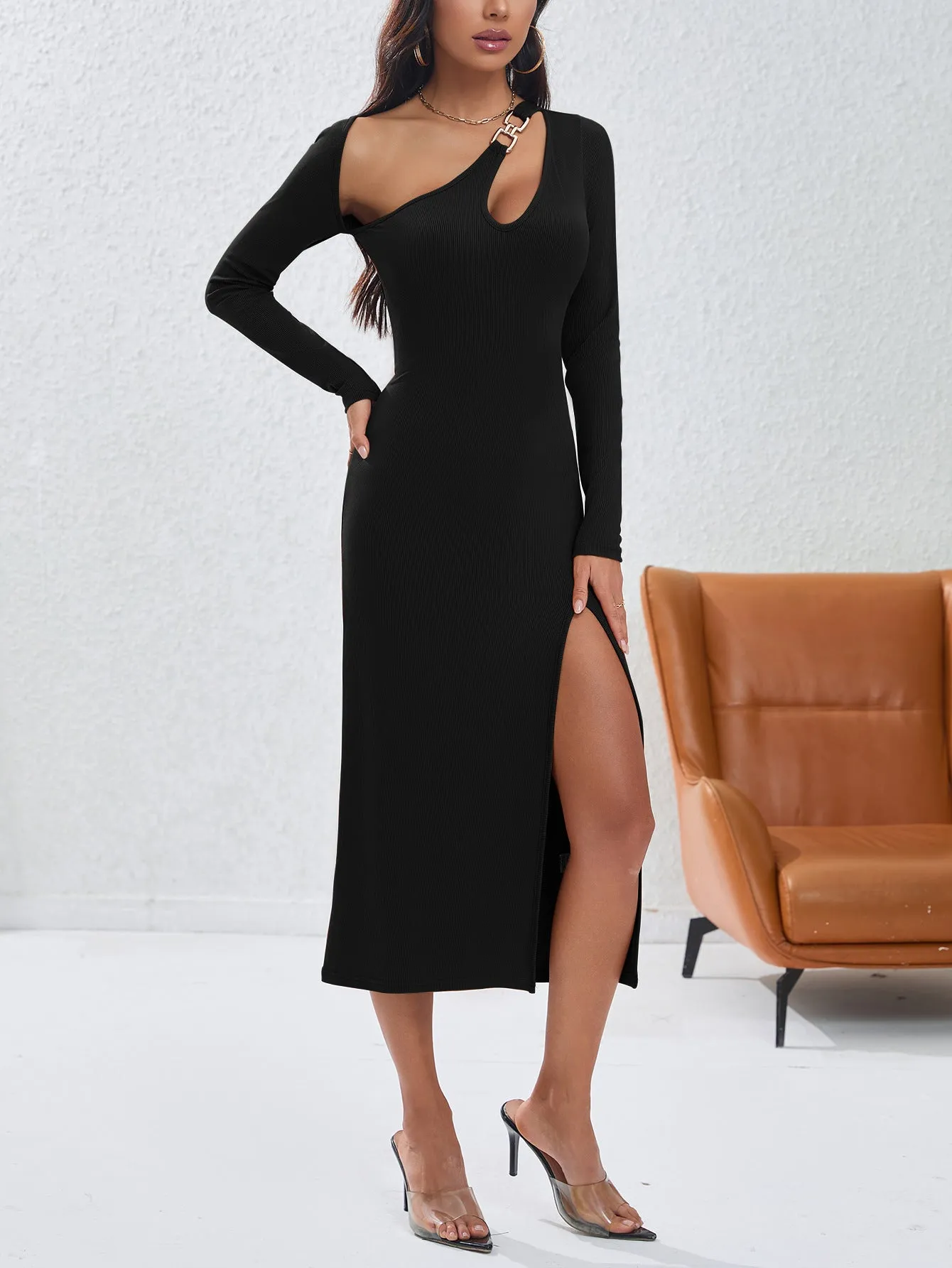 Sexy Irregular Hollow-out Slim-fit Dress for Women, Solid Color One-shoulder Fashion Dress with a Little Clever Design of Exposing Shoulders C-241115-1