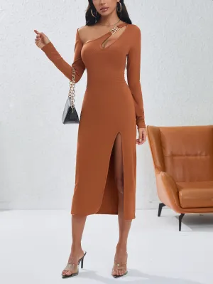 Sexy Irregular Hollow-out Slim-fit Dress for Women, Solid Color One-shoulder Fashion Dress with a Little Clever Design of Exposing Shoulders C-241115-1