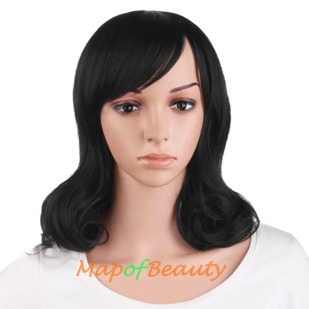 Side Bangs Middle Length Bent Tail Wigs Fiber Shoulder Length Wigs
