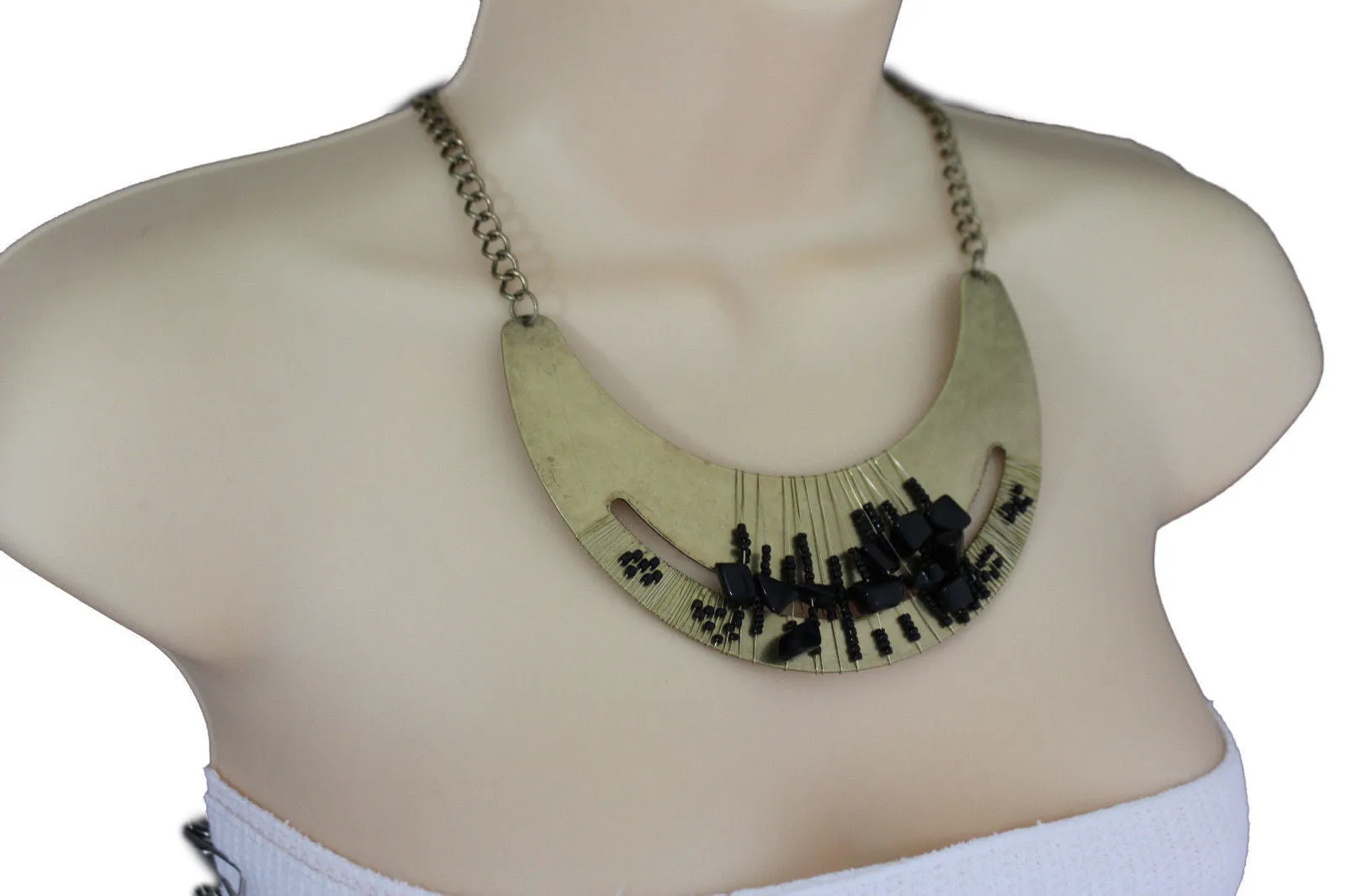 Silver Gold Chain Plate Black Stone Necklace Earrings Set