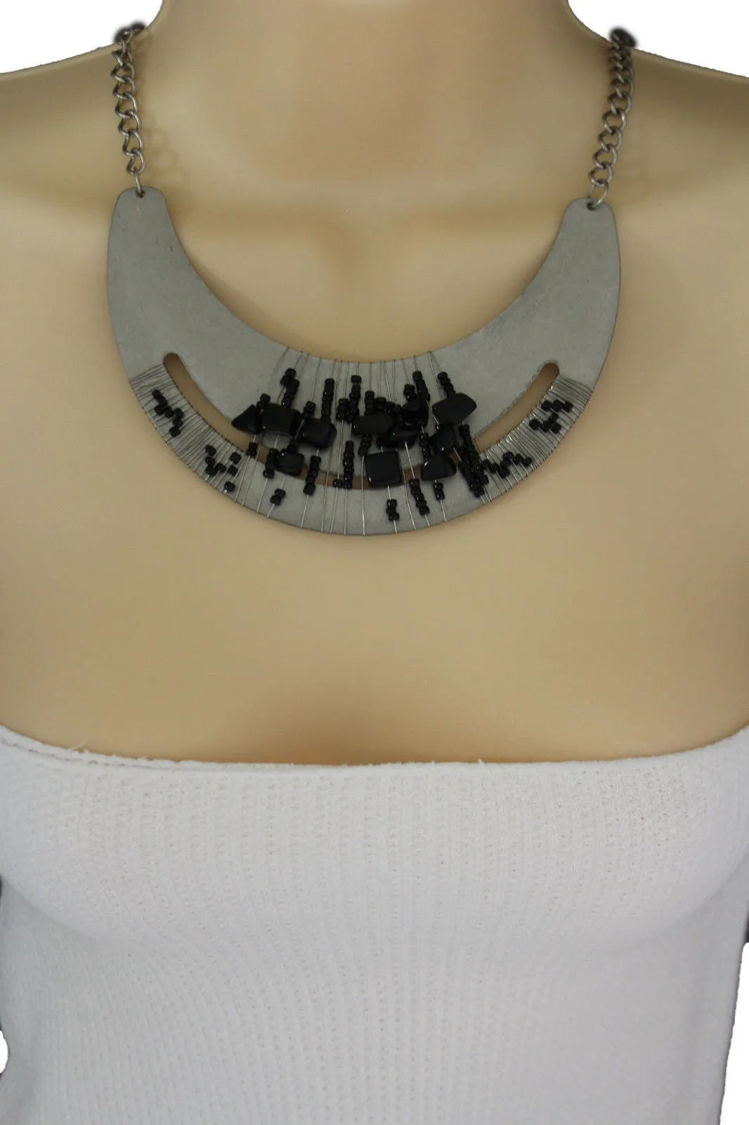 Silver Gold Chain Plate Black Stone Necklace Earrings Set