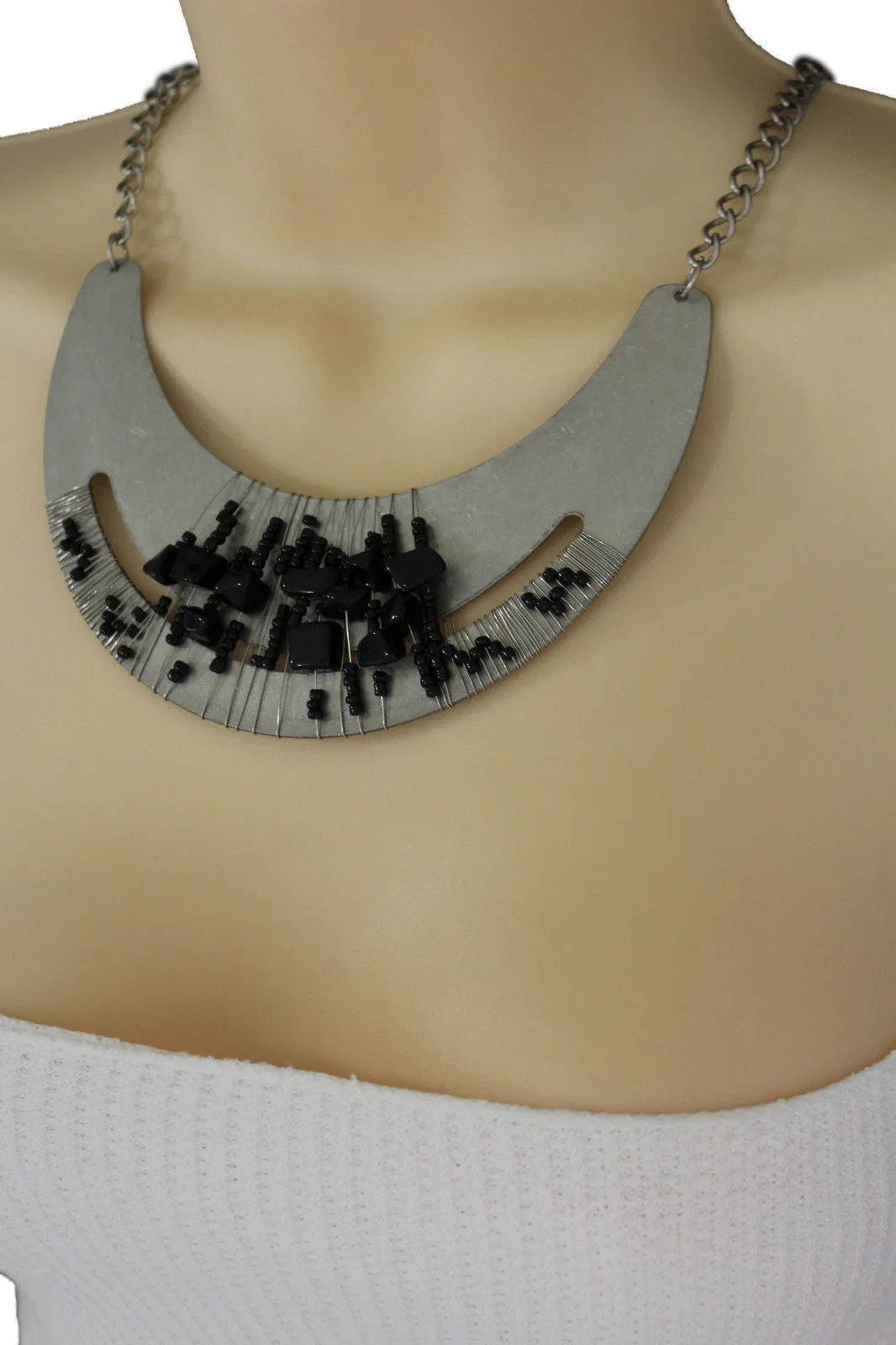 Silver Gold Chain Plate Black Stone Necklace Earrings Set