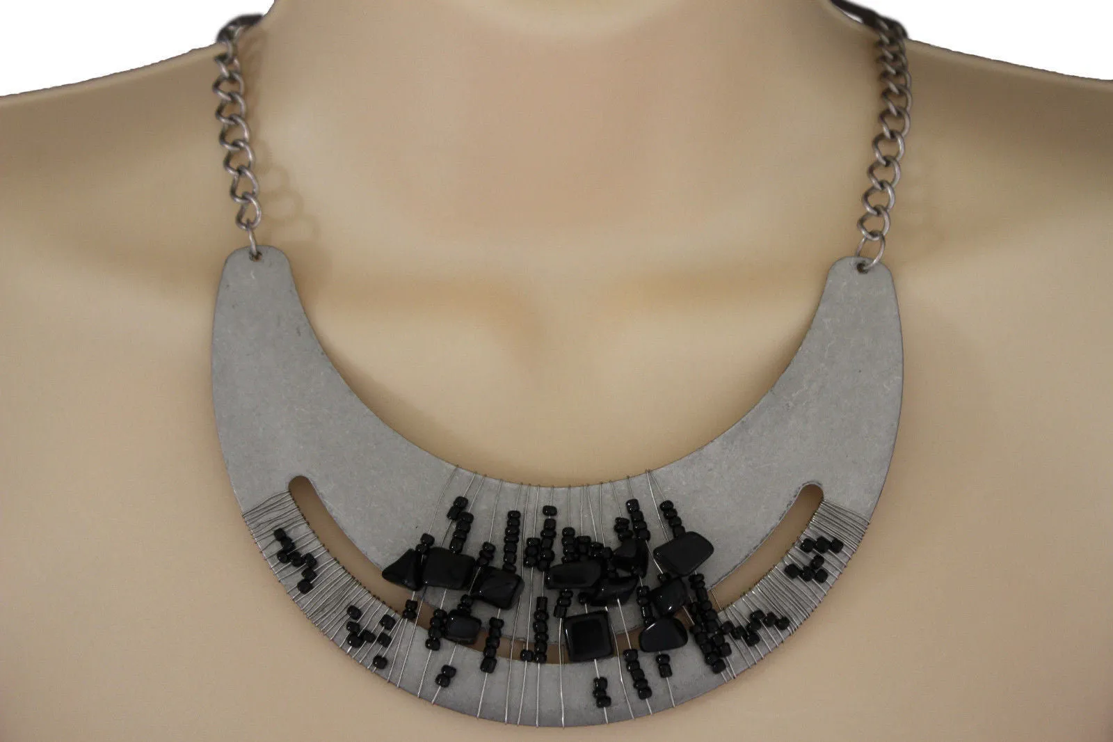 Silver Gold Chain Plate Black Stone Necklace Earrings Set