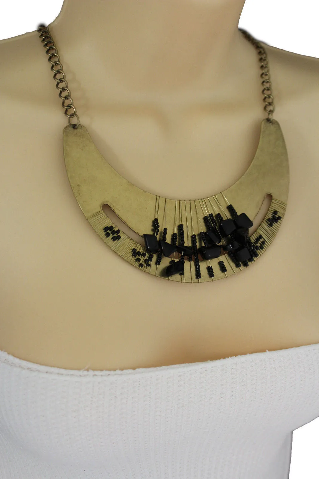 Silver Gold Chain Plate Black Stone Necklace Earrings Set