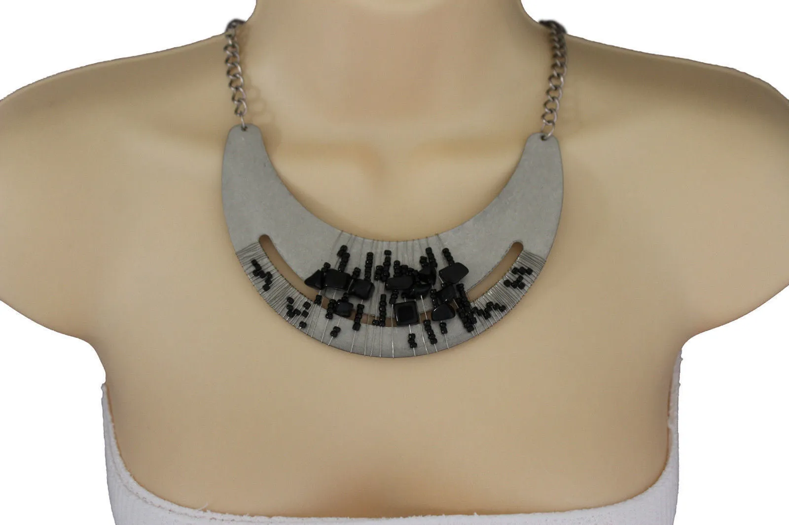 Silver Gold Chain Plate Black Stone Necklace Earrings Set