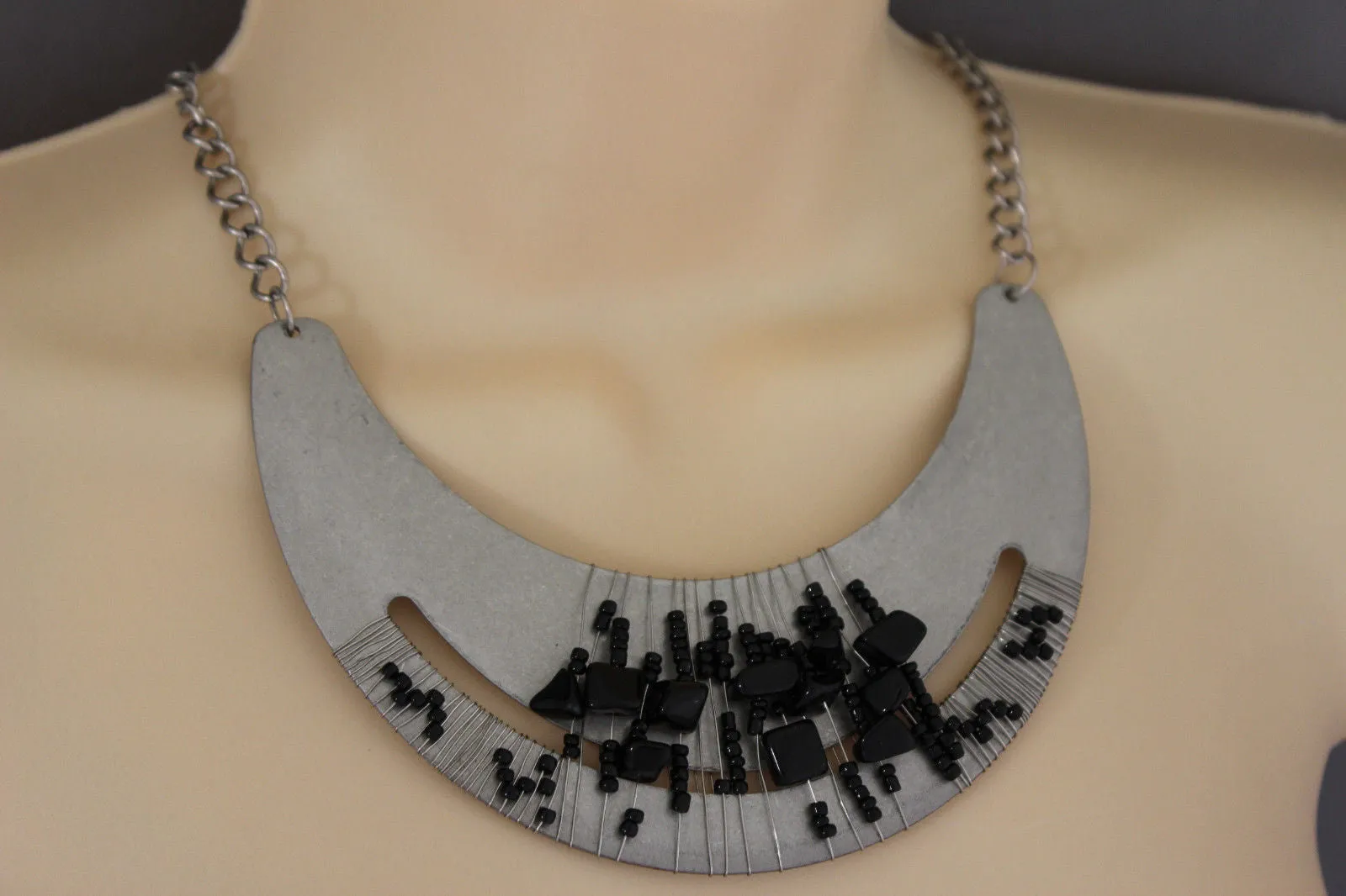 Silver Gold Chain Plate Black Stone Necklace Earrings Set