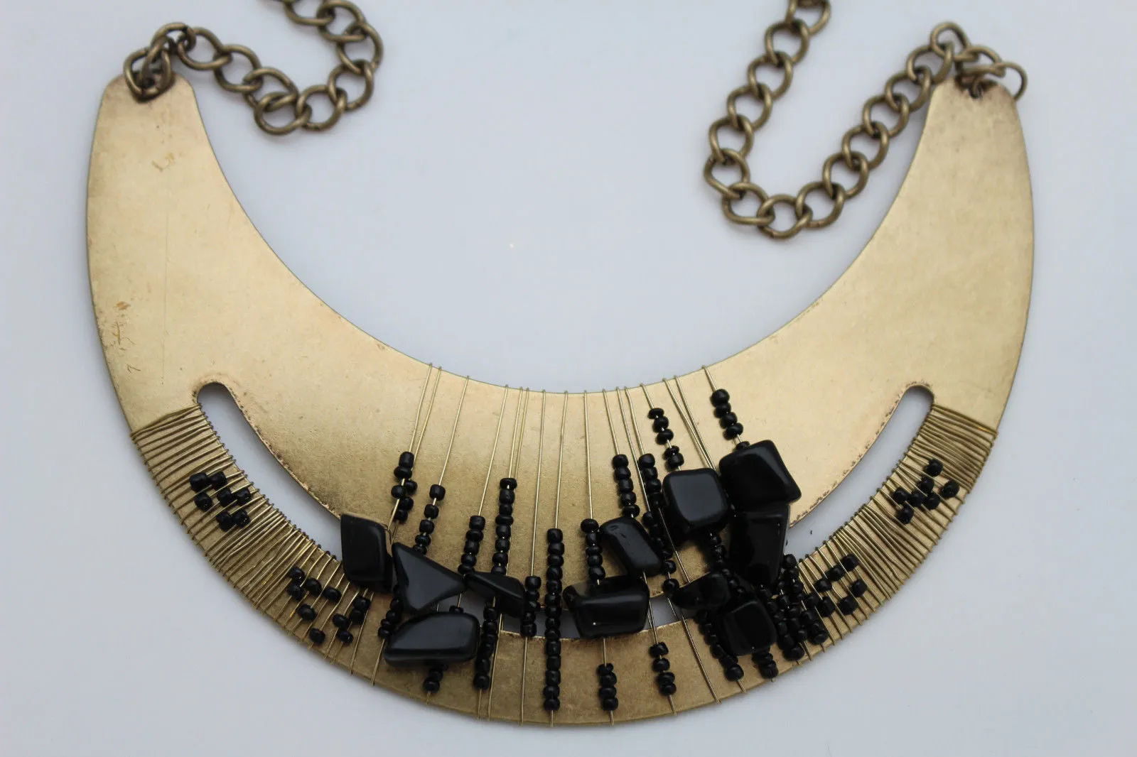 Silver Gold Chain Plate Black Stone Necklace Earrings Set