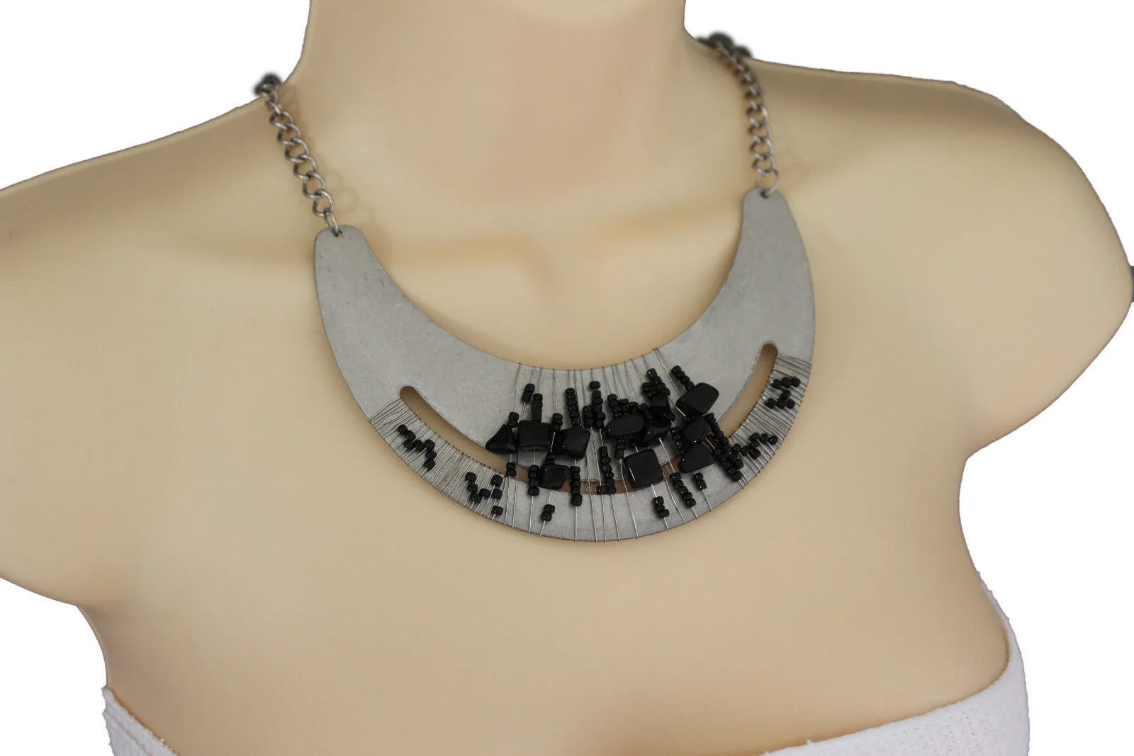 Silver Gold Chain Plate Black Stone Necklace Earrings Set