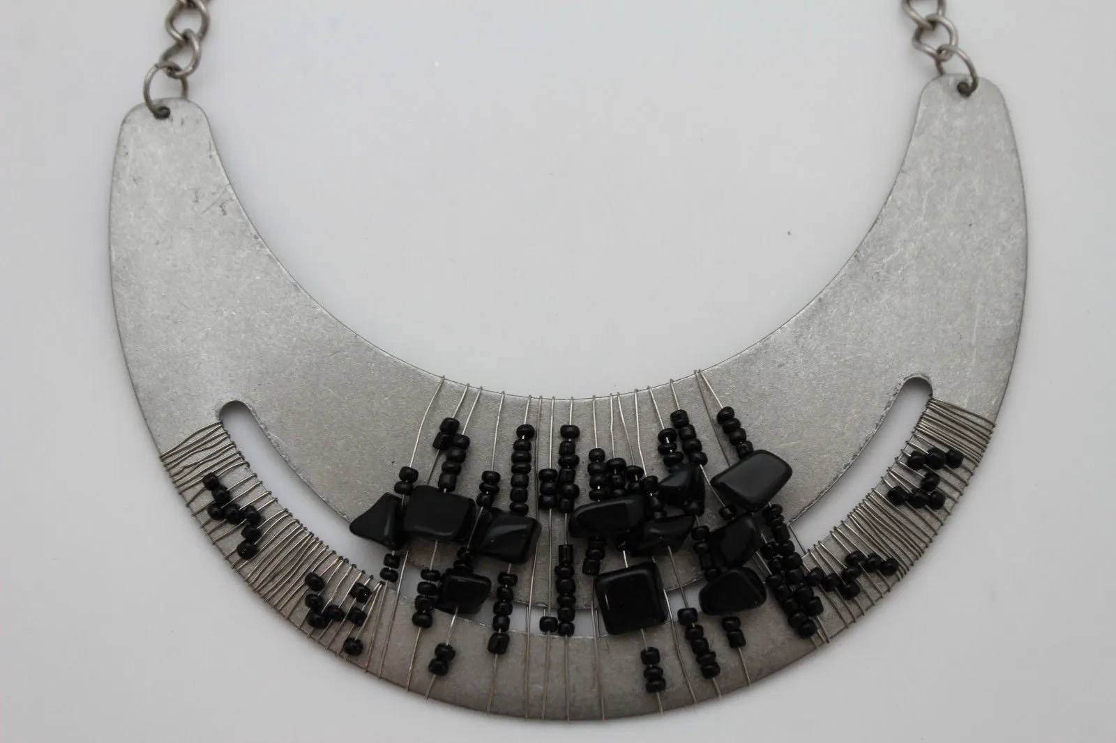 Silver Gold Chain Plate Black Stone Necklace Earrings Set